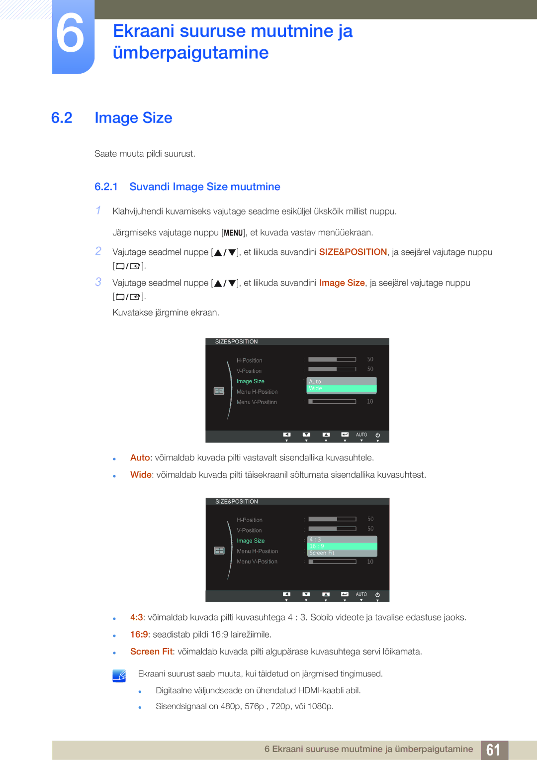 Samsung LS23B550VS/EN manual Suvandi Image Size muutmine 