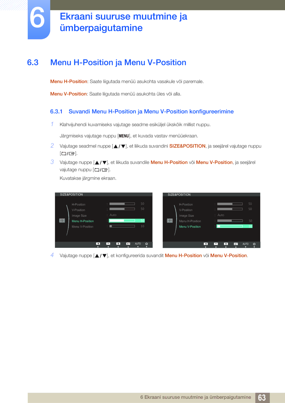 Samsung LS23B550VS/EN manual Suvandi Menu H-Position ja Menu V-Position konfigureerimine 