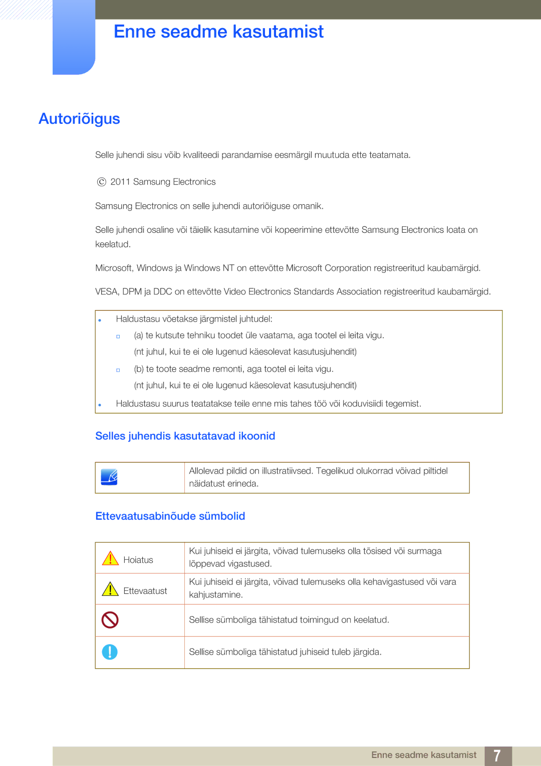 Samsung LS23B550VS/EN manual Enne seadme kasutamist, Autoriõigus, Selles juhendis kasutatavad ikoonid 