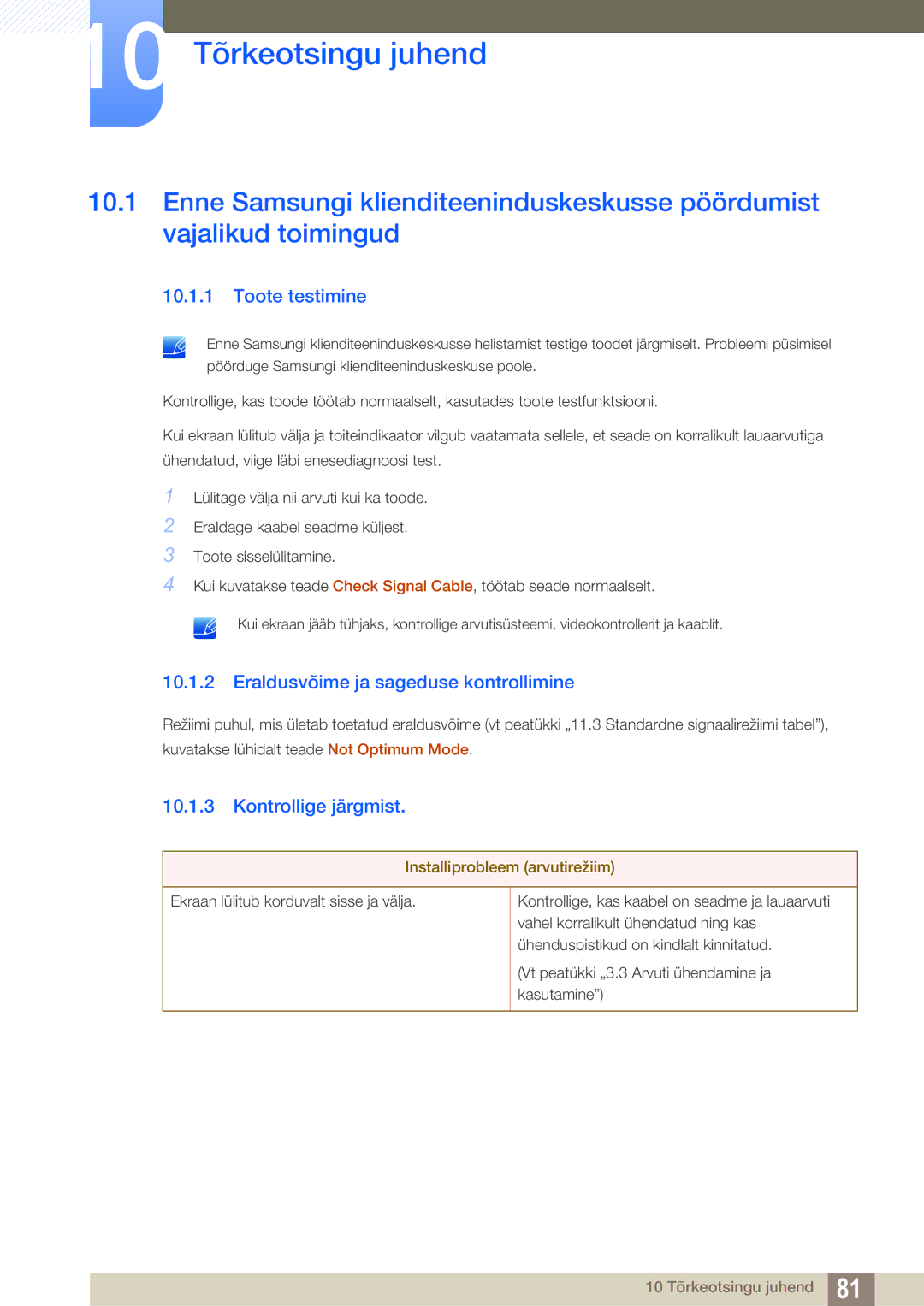 Samsung LS23B550VS/EN manual 10 Tõrkeotsingu juhend, Toote testimine, Eraldusvõime ja sageduse kontrollimine 