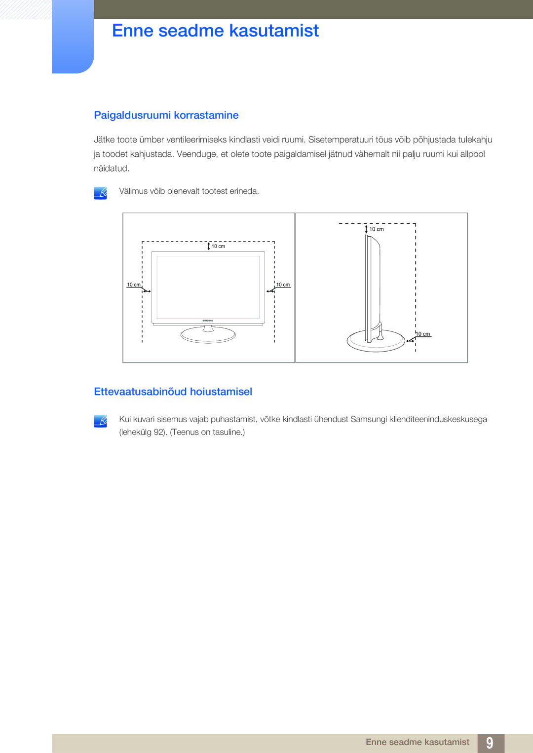 Samsung LS23B550VS/EN manual Paigaldusruumi korrastamine, Ettevaatusabinõud hoiustamisel 