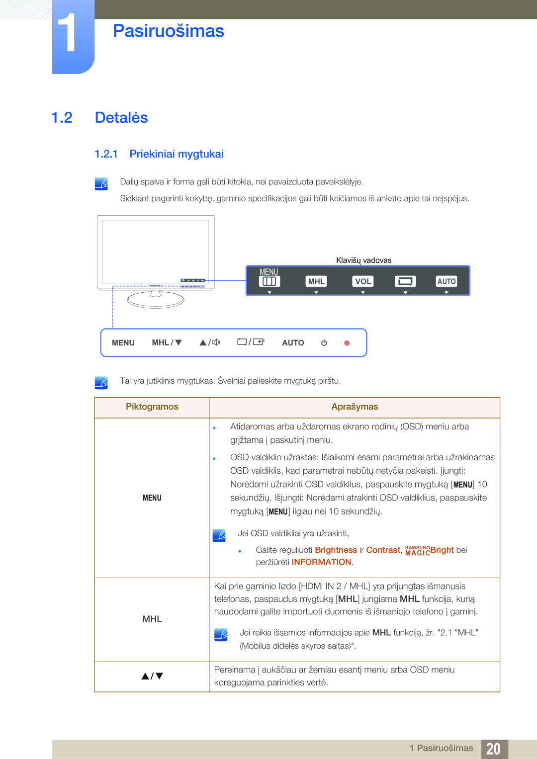 Samsung LS23B550VS/EN manual Detalės, Priekiniai mygtukai 