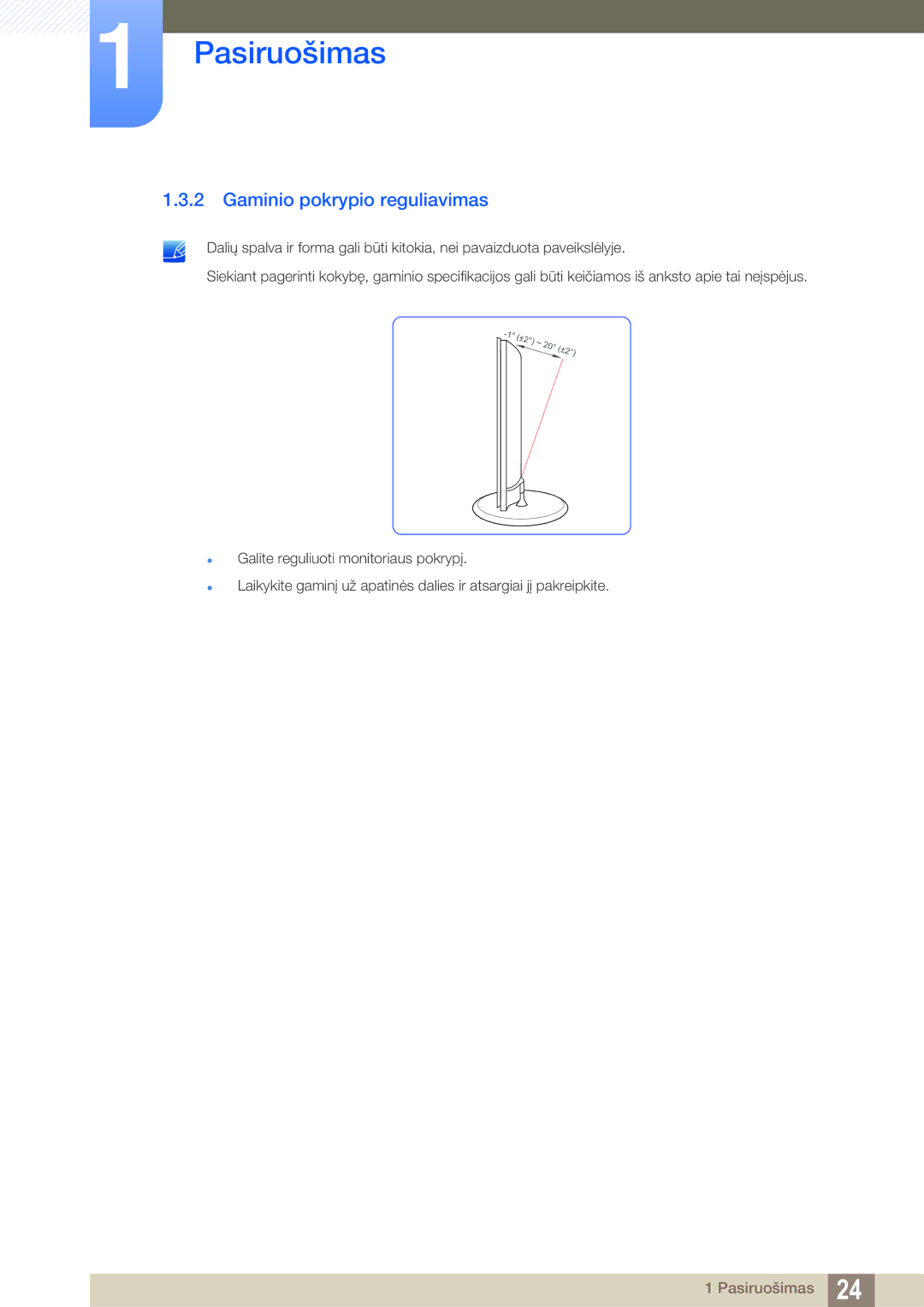 Samsung LS23B550VS/EN manual Gaminio pokrypio reguliavimas 