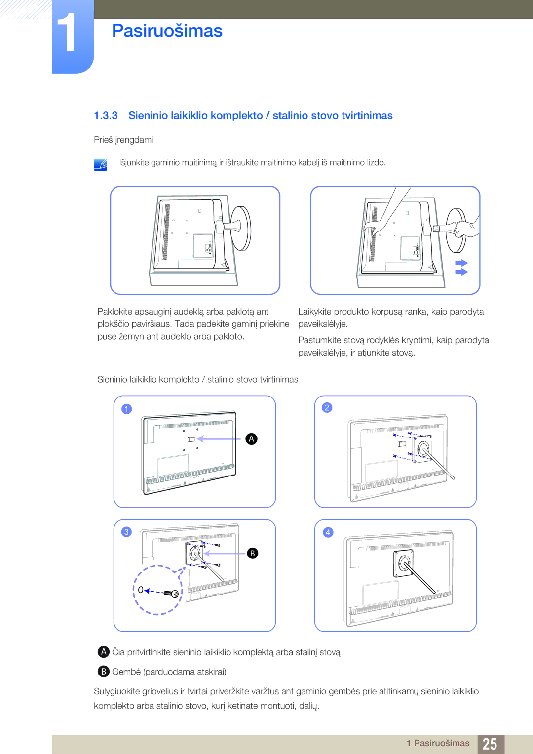 Samsung LS23B550VS/EN manual Sieninio laikiklio komplekto / stalinio stovo tvirtinimas 