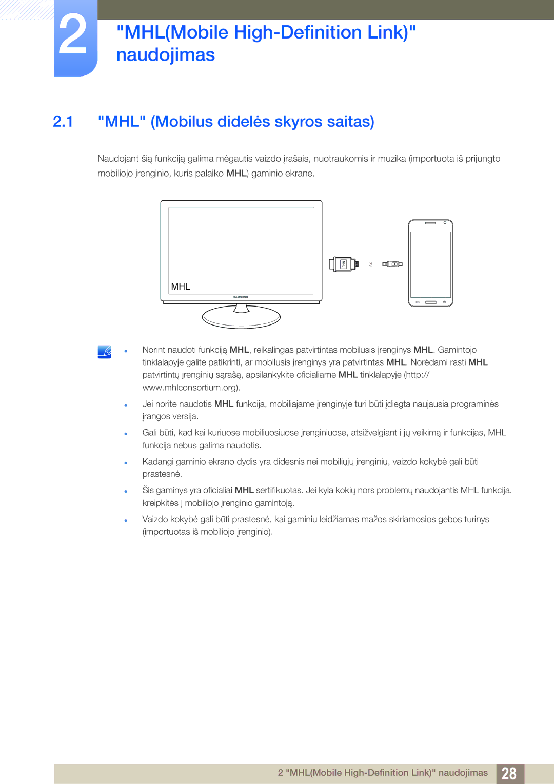 Samsung LS23B550VS/EN manual MHLMobilenaudojimas High-Definition Link, MHL Mobilus didelės skyros saitas 