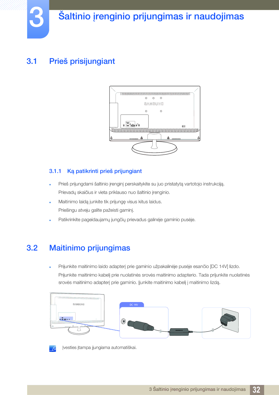 Samsung LS23B550VS/EN manual Šaltinio įrenginio prijungimas ir naudojimas, Prieš prisijungiant, Maitinimo prijungimas 