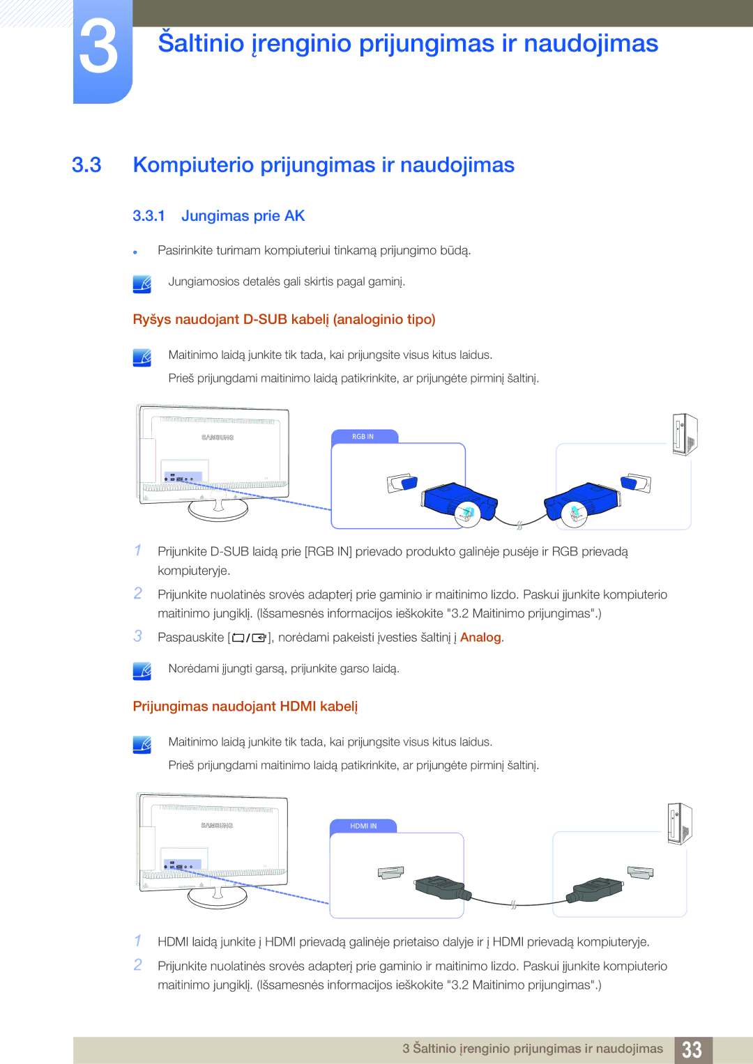 Samsung LS23B550VS/EN manual Kompiuterio prijungimas ir naudojimas, Jungimas prie AK 