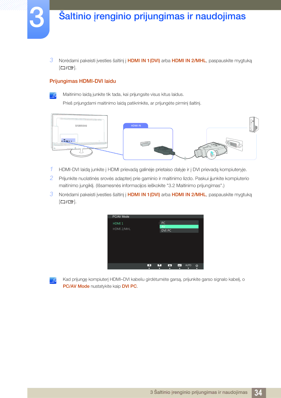 Samsung LS23B550VS/EN manual Prijungimas HDMI-DVI laidu 