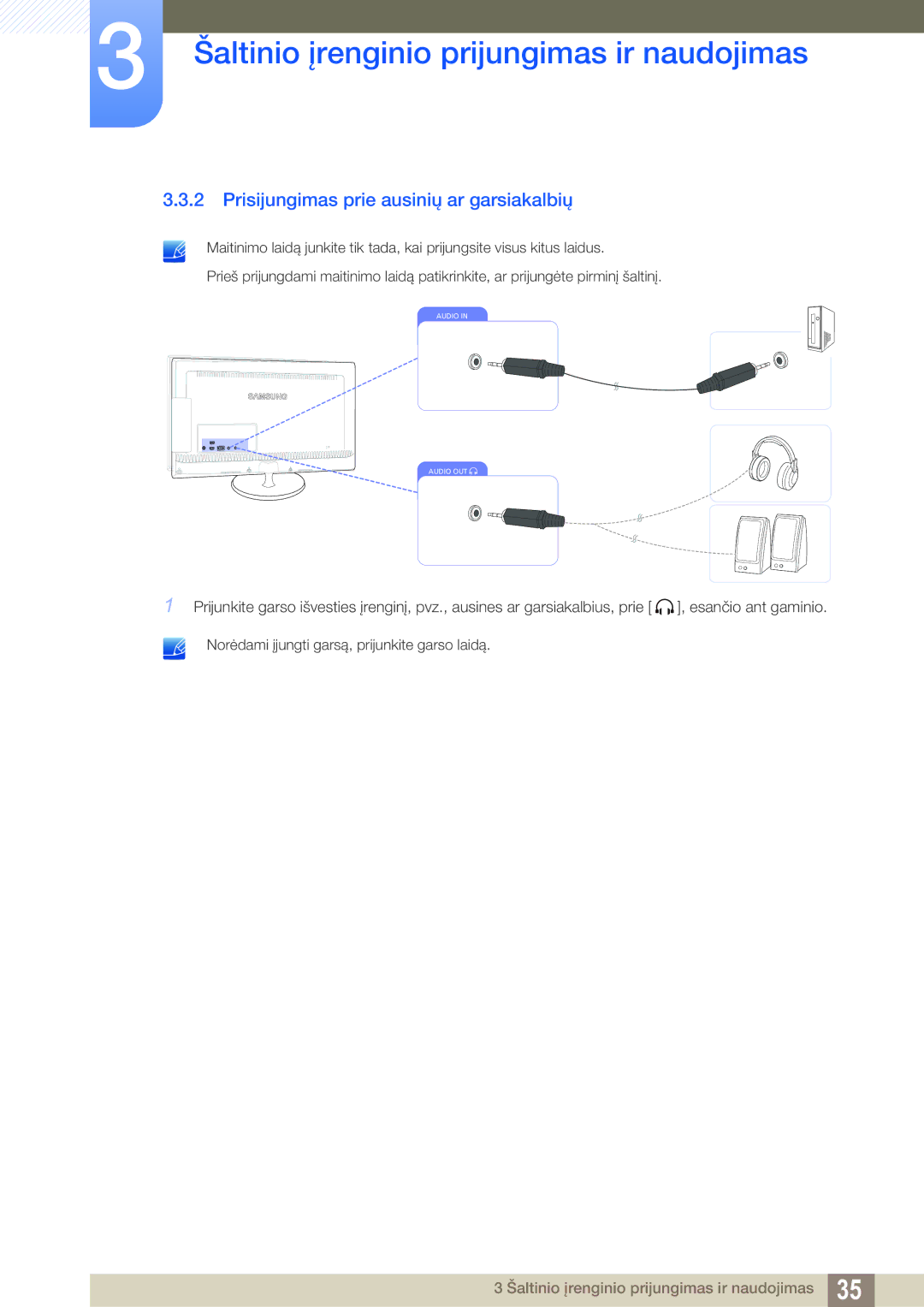 Samsung LS23B550VS/EN manual Prisijungimas prie ausinių ar garsiakalbių 