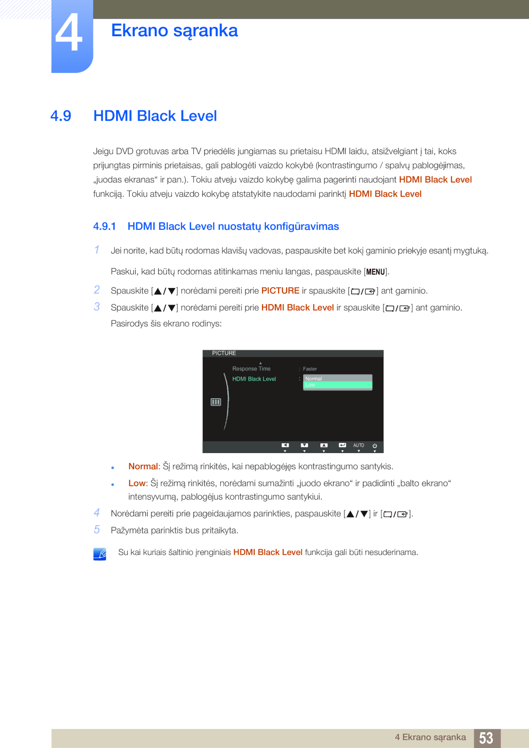 Samsung LS23B550VS/EN manual Hdmi Black Level nuostatų konfigūravimas 