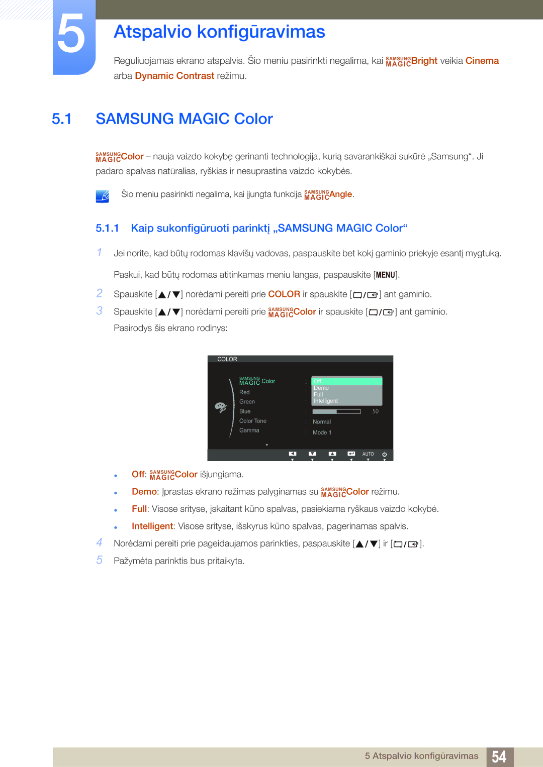 Samsung LS23B550VS/EN Atspalvio konfigūravimas, Samsung Magic Color, Kaip sukonfigūruoti parinktį „SAMSUNG Magic Color 