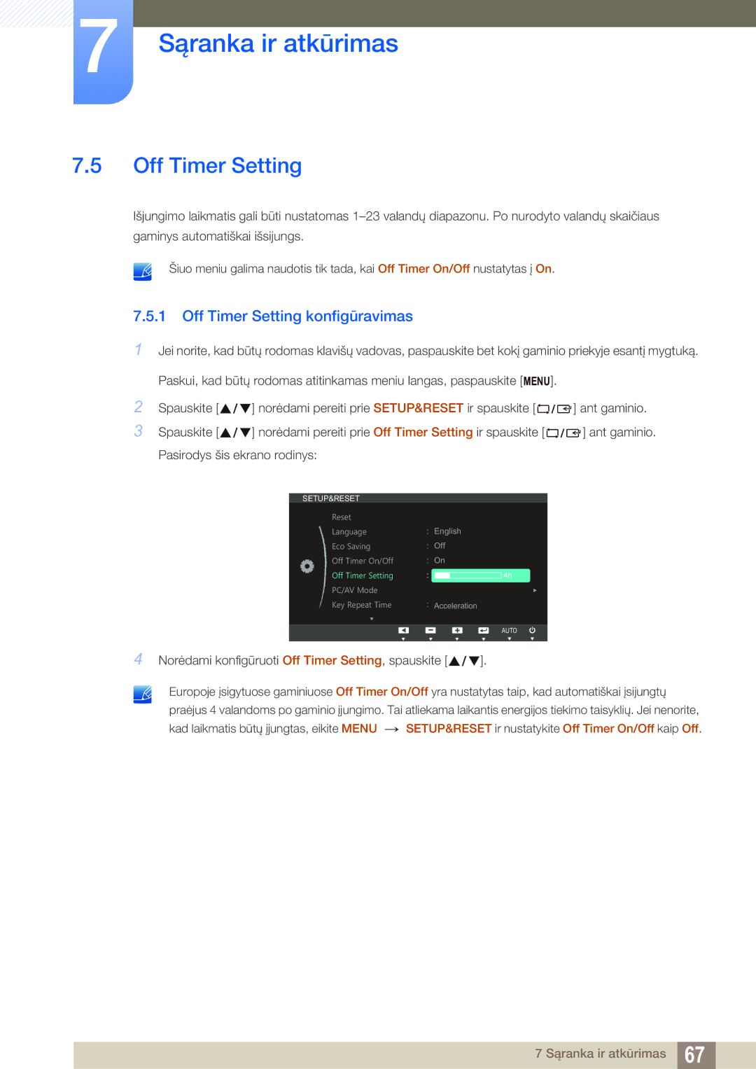 Samsung LS23B550VS/EN manual Off Timer Setting konfigūravimas 