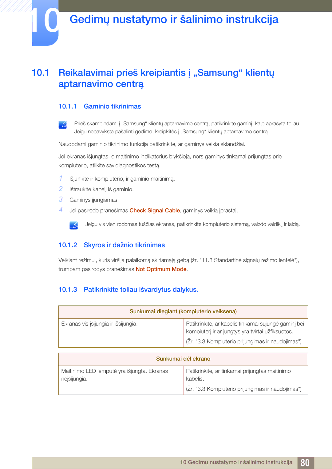 Samsung LS23B550VS/EN manual Gedimų nustatymo ir šalinimo instrukcija, Gaminio tikrinimas, Skyros ir dažnio tikrinimas 