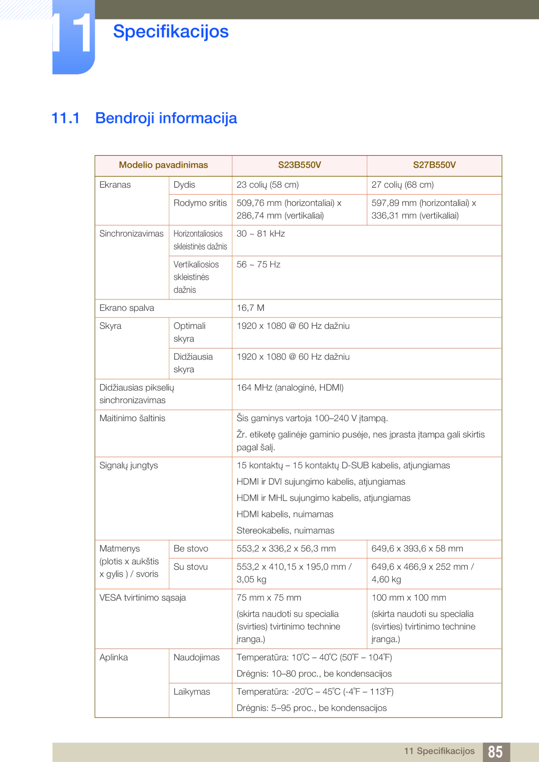 Samsung LS23B550VS/EN manual Specifikacijos, Bendroji informacija 