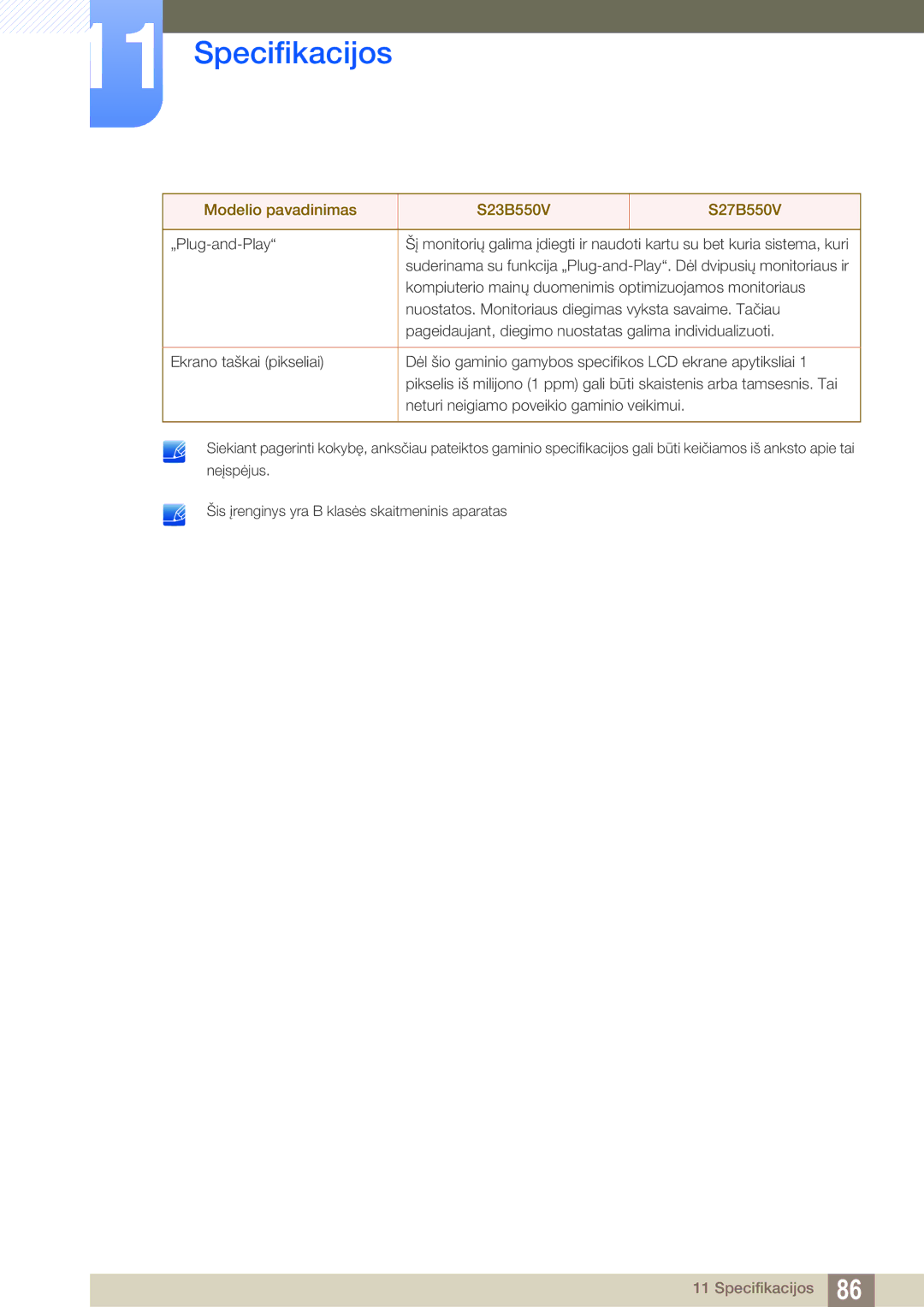 Samsung LS23B550VS/EN manual Specifikacijos 