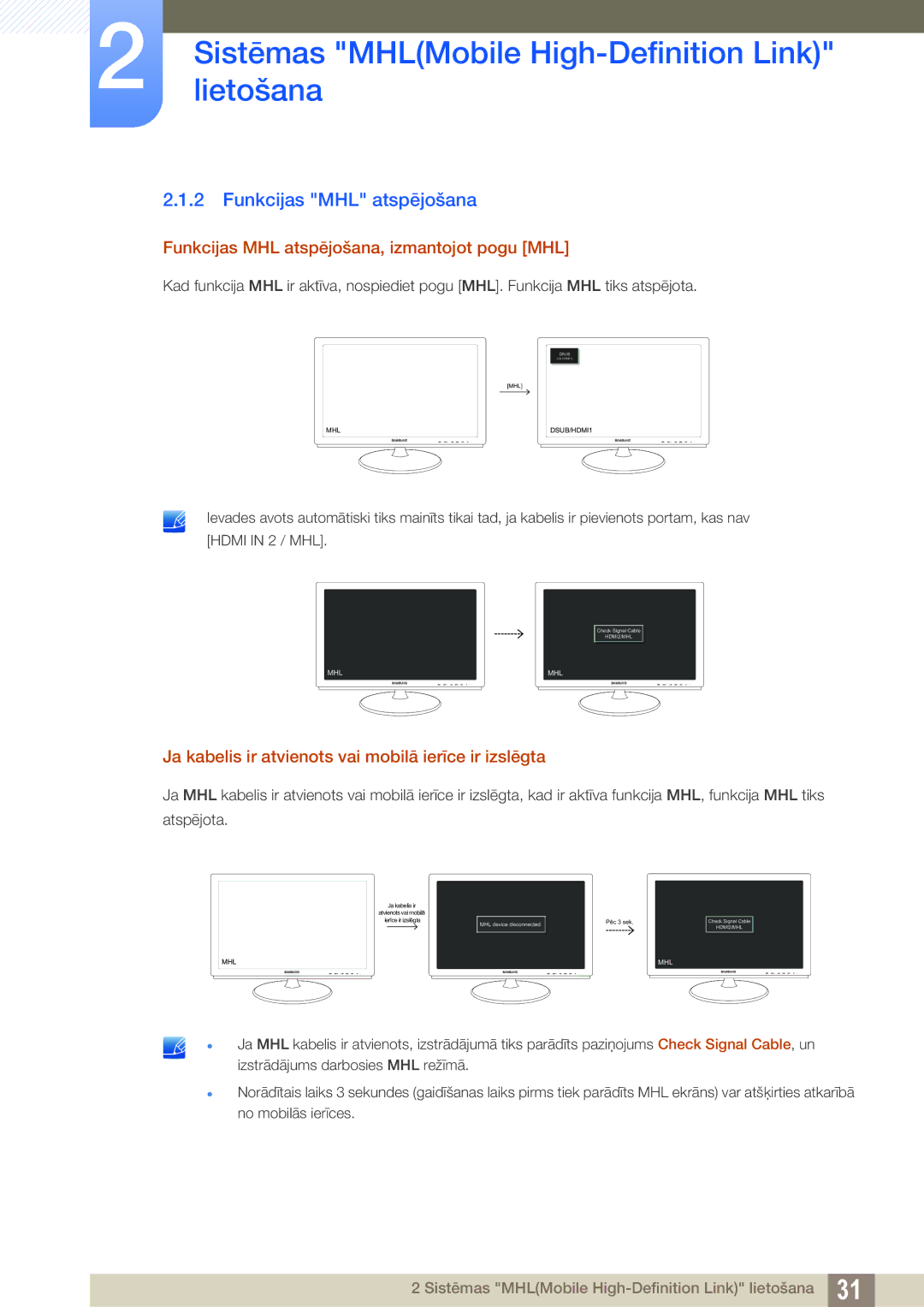 Samsung LS23B550VS/EN manual Funkcijas MHL atspējošana, izmantojot pogu MHL 