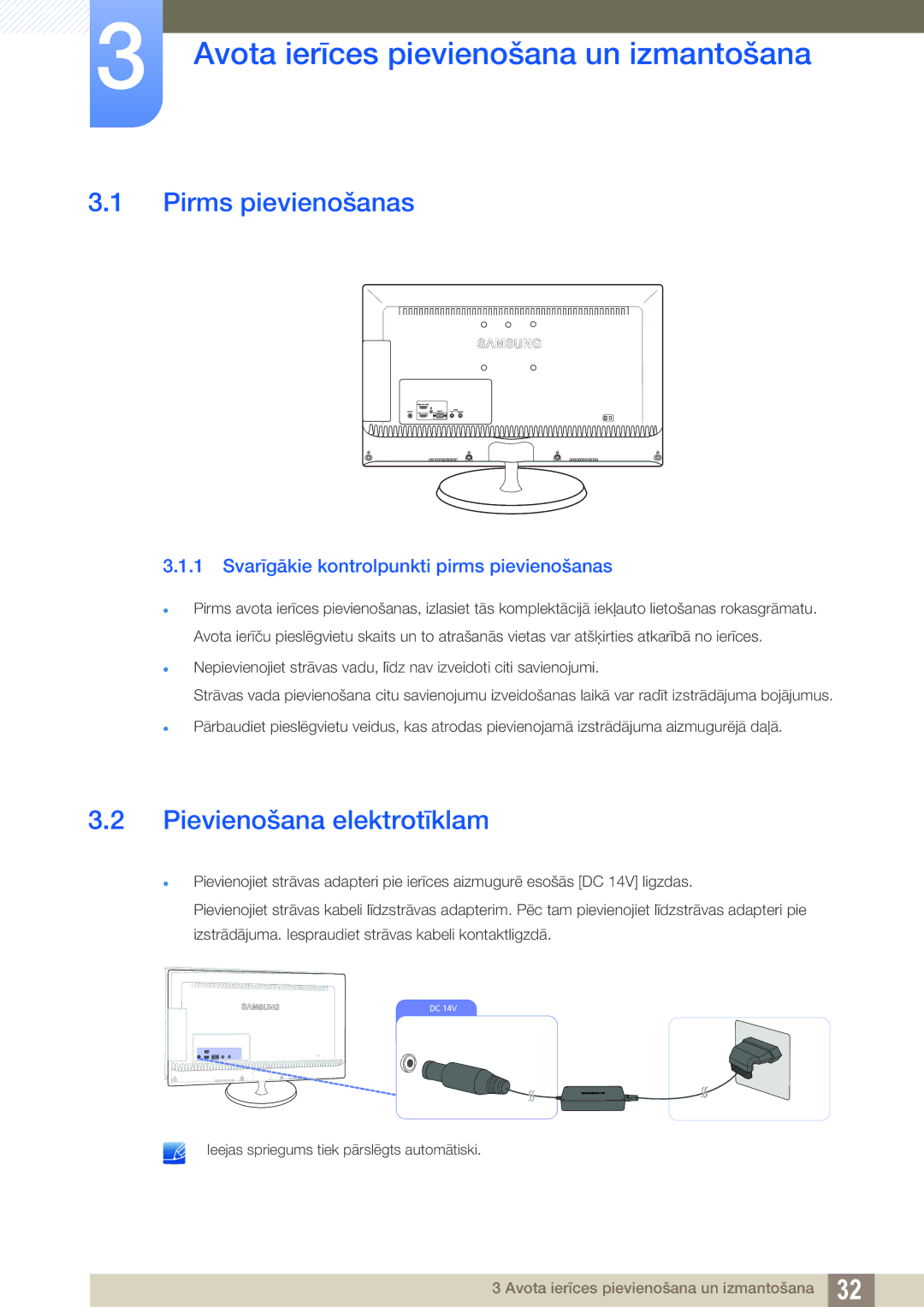 Samsung LS23B550VS/EN manual Avota ierīces pievienošana un izmantošana, Pirms pievienošanas, Pievienošana elektrotīklam 