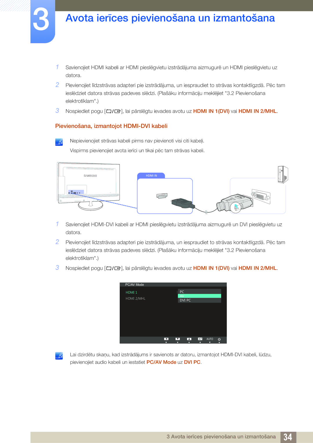 Samsung LS23B550VS/EN manual Pievienošana, izmantojot HDMI-DVI kabeli 