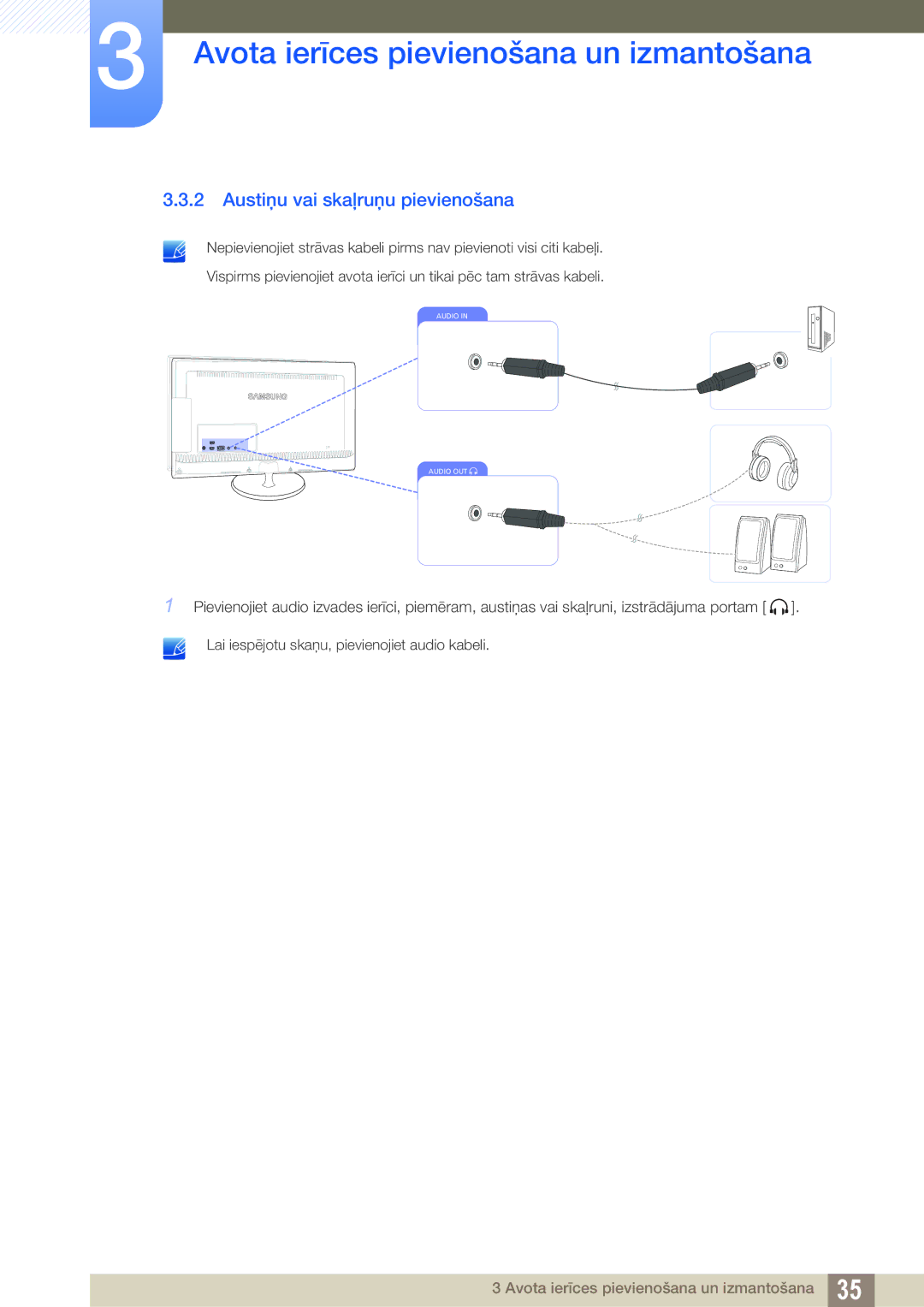 Samsung LS23B550VS/EN manual Austiņu vai skaļruņu pievienošana 