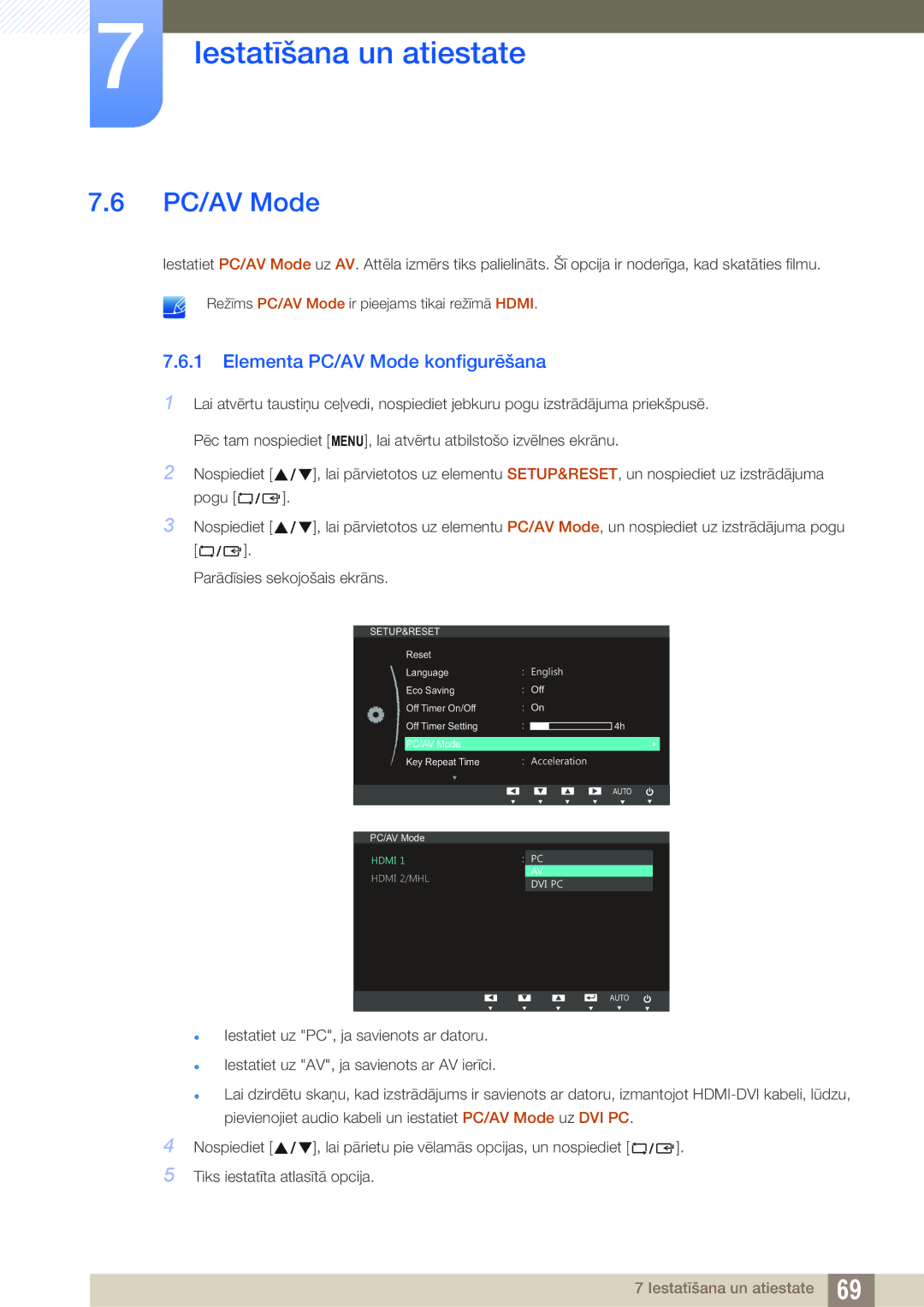 Samsung LS23B550VS/EN manual Elementa PC/AV Mode konfigurēšana 