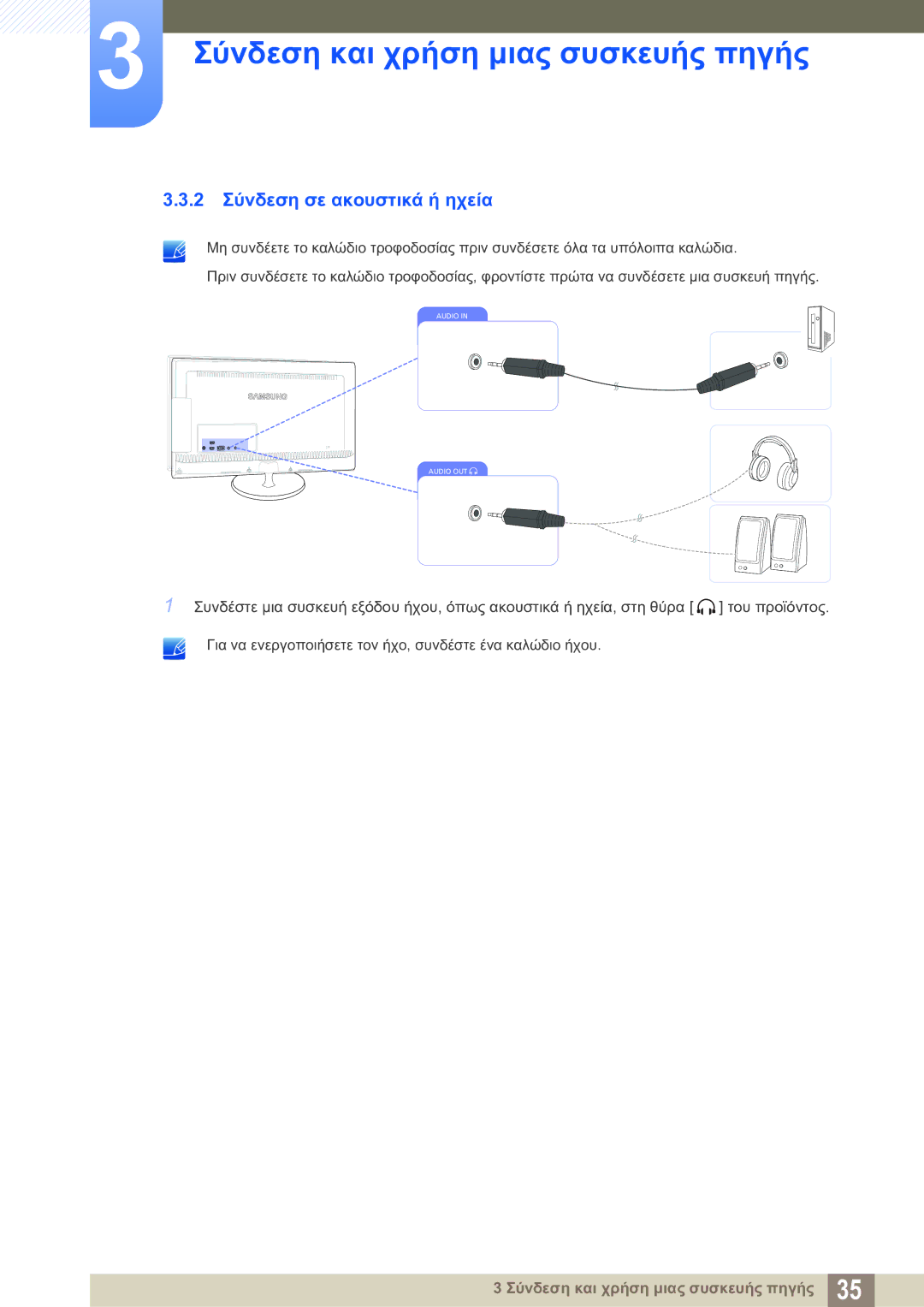 Samsung LS23B550VS/EN manual 2 Σύνδεση σε ακουστικά ή ηχεία 