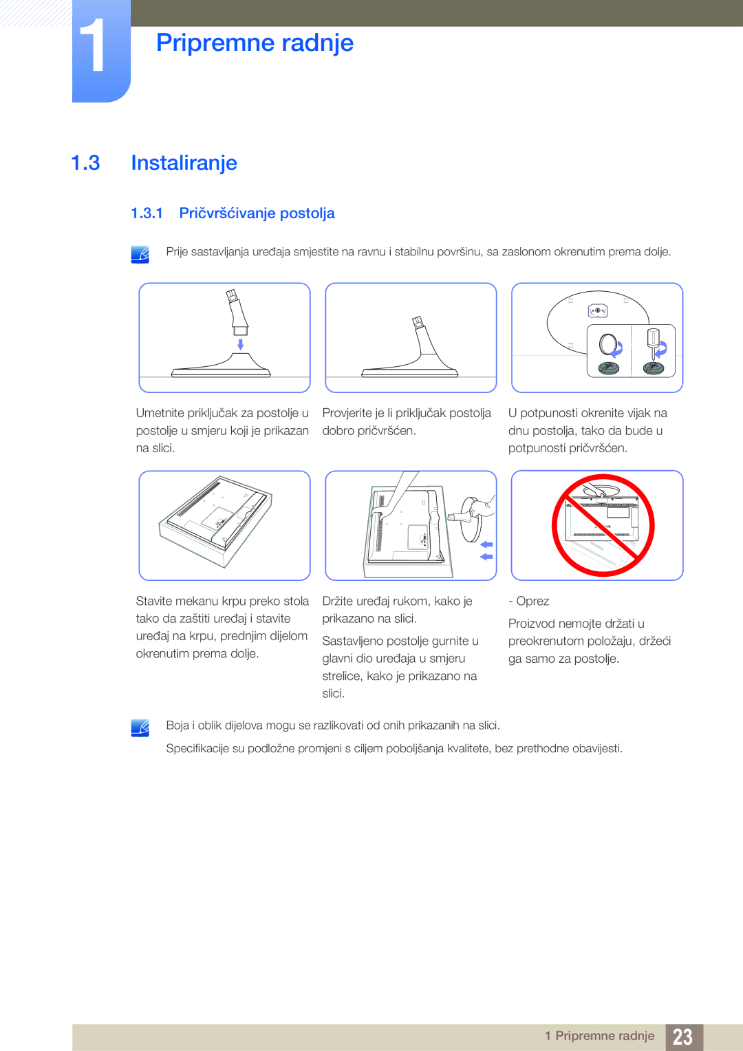 Samsung LS23B550VS/EN manual Instaliranje, 1 Pričvršćivanje postolja 