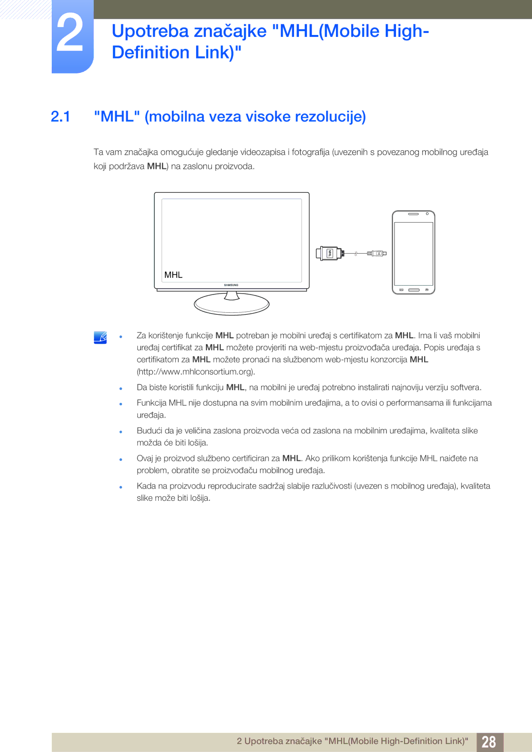 Samsung LS23B550VS/EN manual Upotreba značajke MHLMobile High- Definition Link, MHL mobilna veza visoke rezolucije 