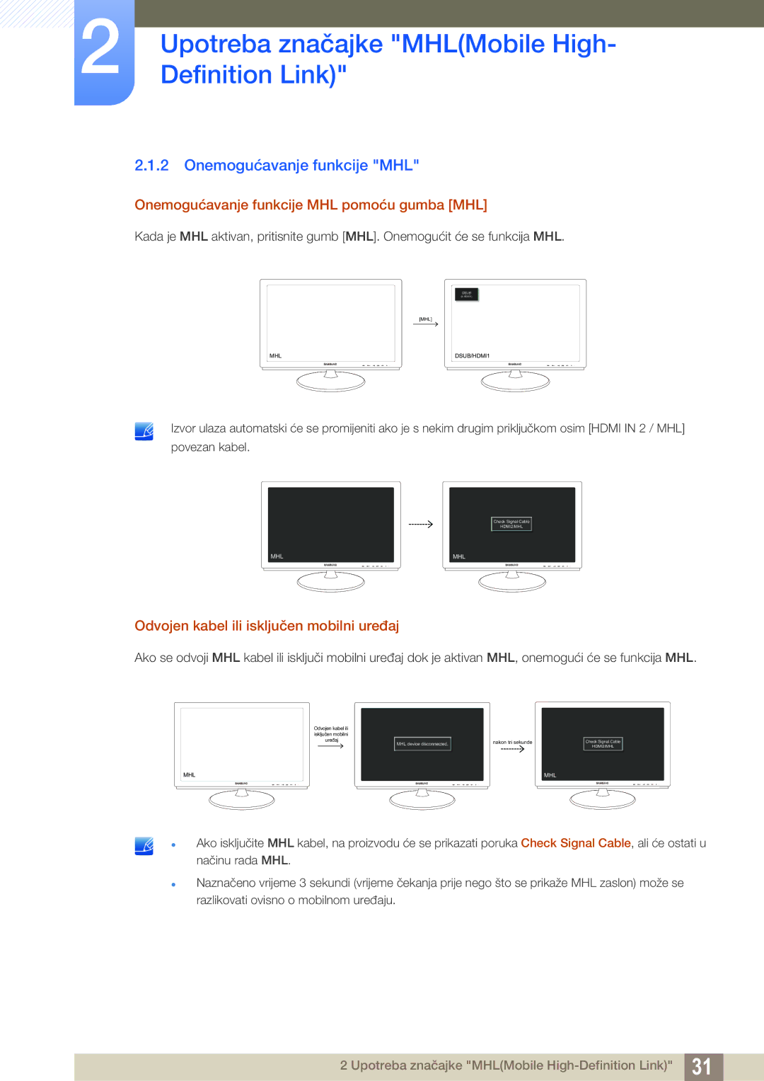 Samsung LS23B550VS/EN manual Onemogućavanje funkcije MHL pomoću gumba MHL, Odvojen kabel ili isključen mobilni uređaj 