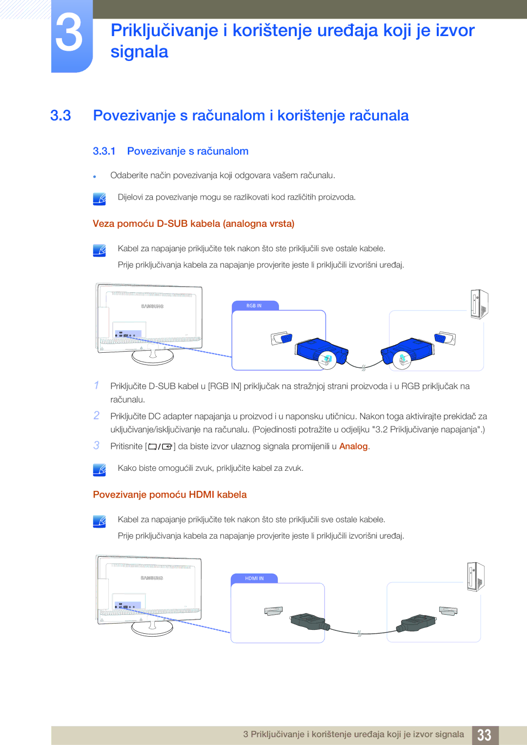 Samsung LS23B550VS/EN manual Povezivanje s računalom i korištenje računala, Veza pomoću D-SUB kabela analogna vrsta 