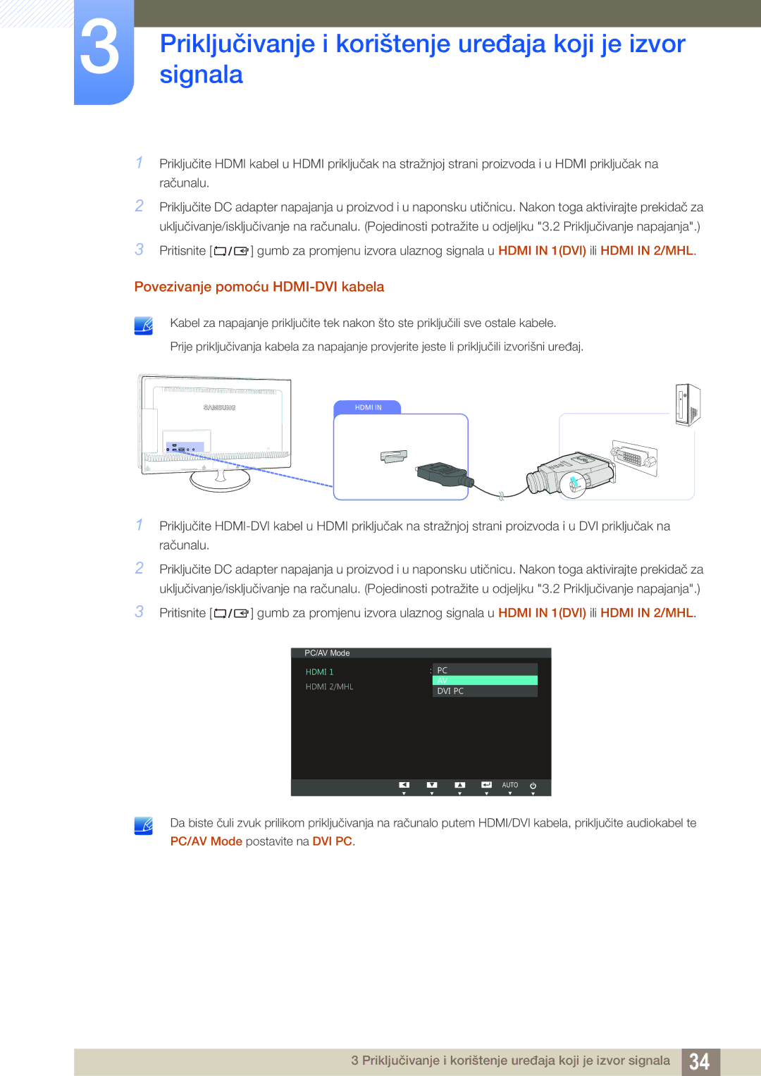 Samsung LS23B550VS/EN manual Povezivanje pomoću HDMI-DVI kabela 