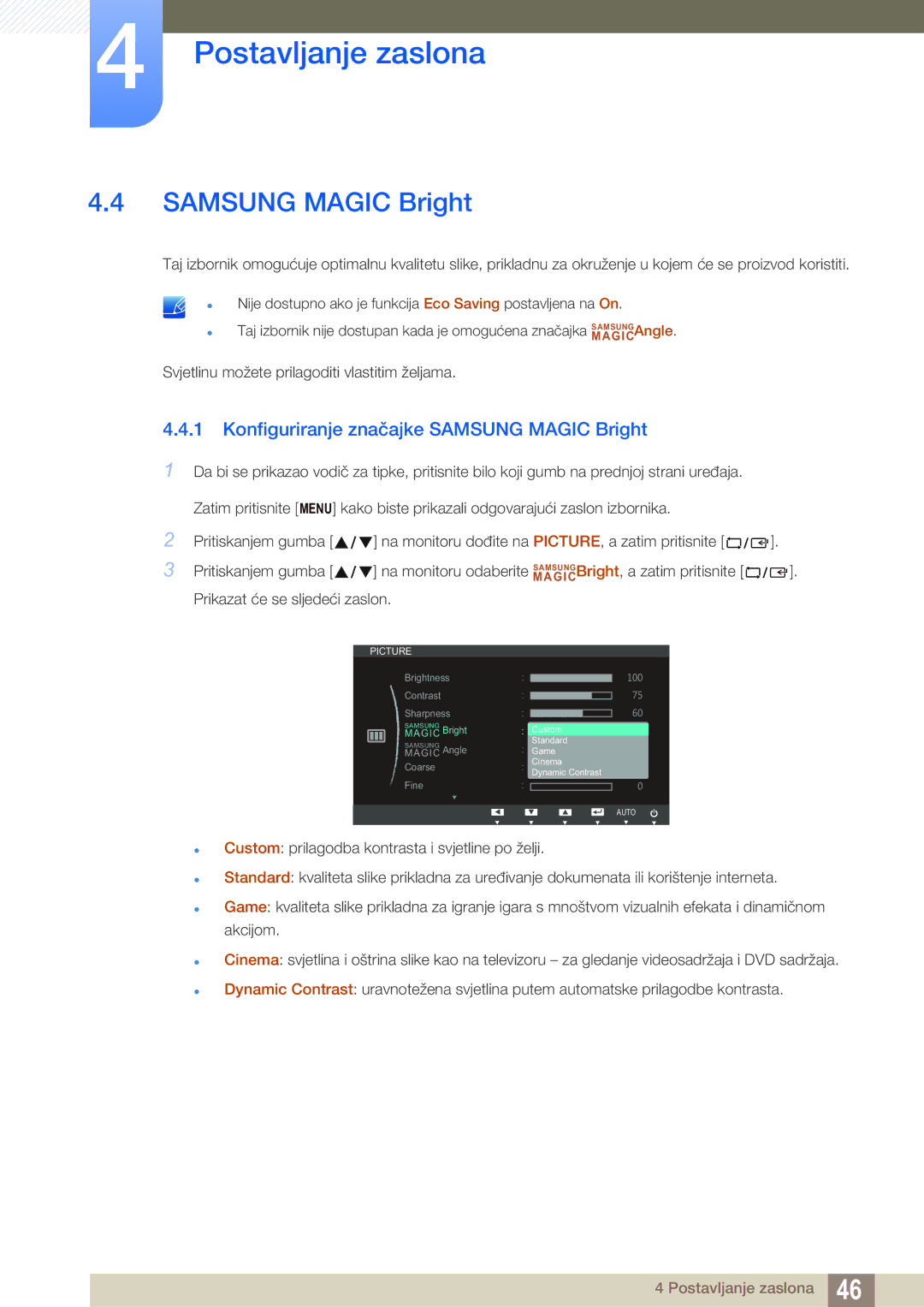 Samsung LS23B550VS/EN manual Konfiguriranje značajke Samsung Magic Bright 