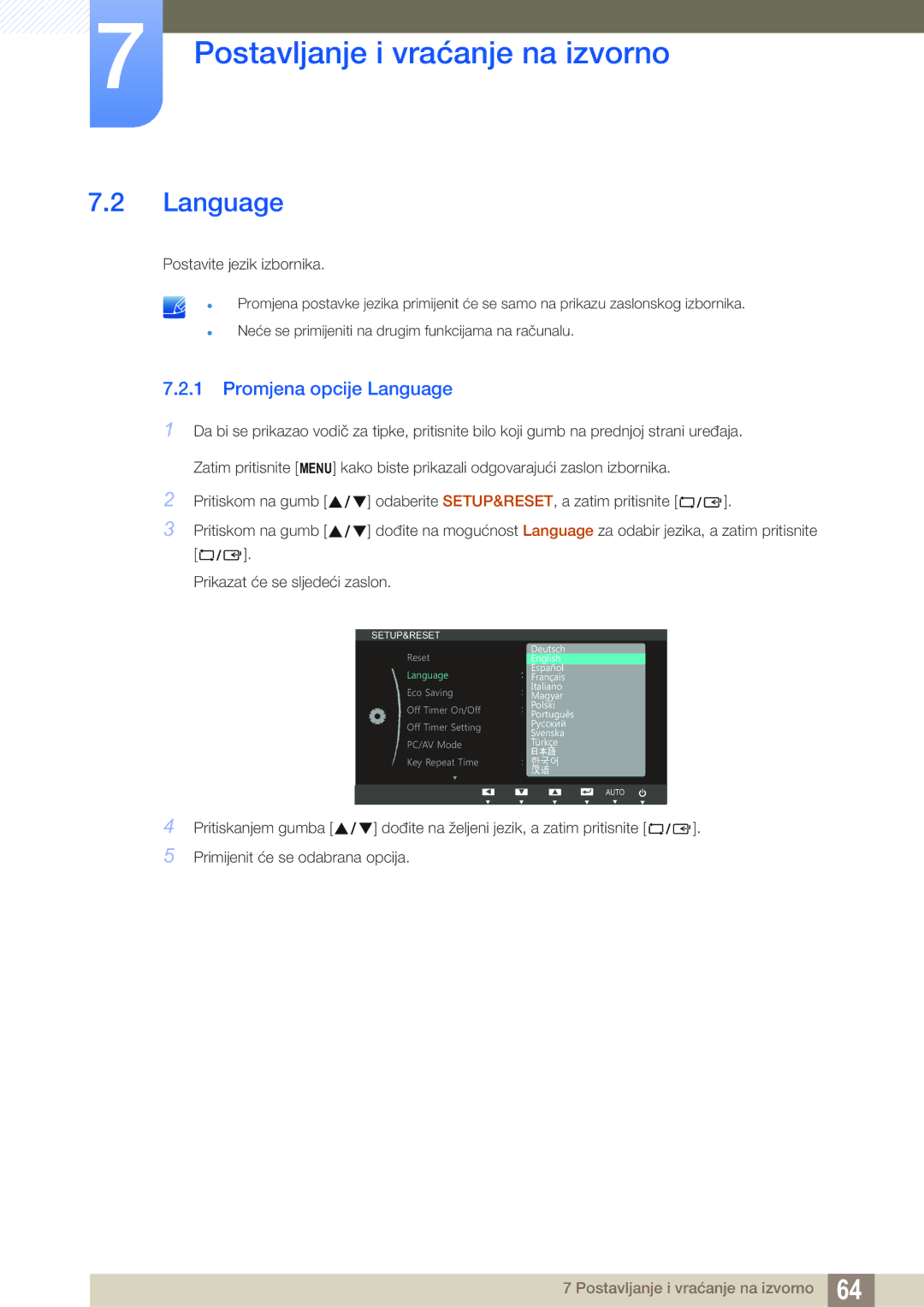 Samsung LS23B550VS/EN manual Promjena opcije Language 