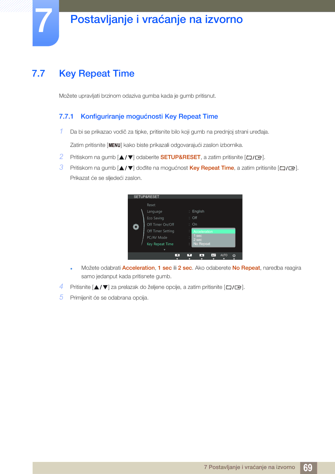 Samsung LS23B550VS/EN manual Konfiguriranje mogućnosti Key Repeat Time 