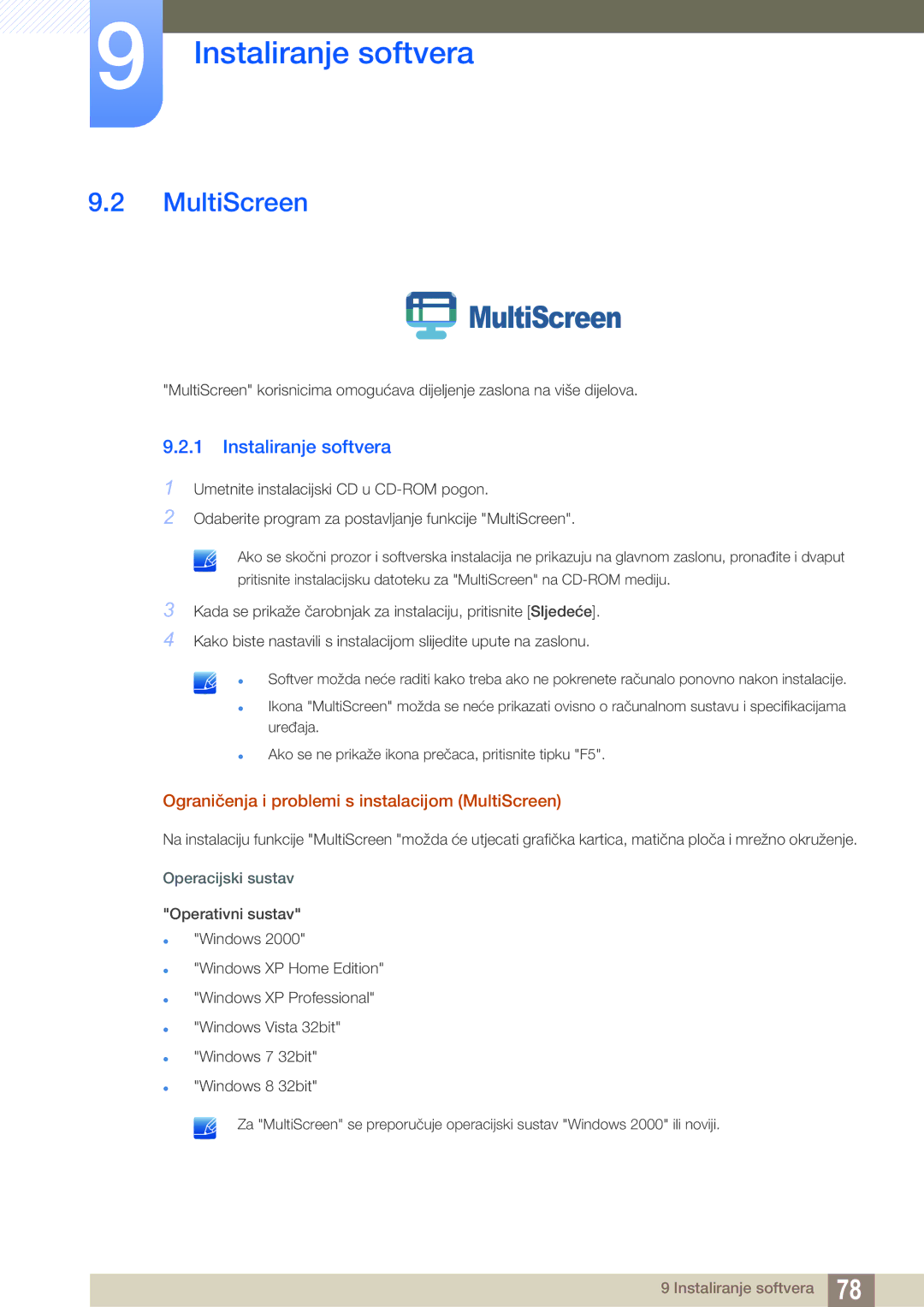 Samsung LS23B550VS/EN manual Ograničenja i problemi s instalacijom MultiScreen 