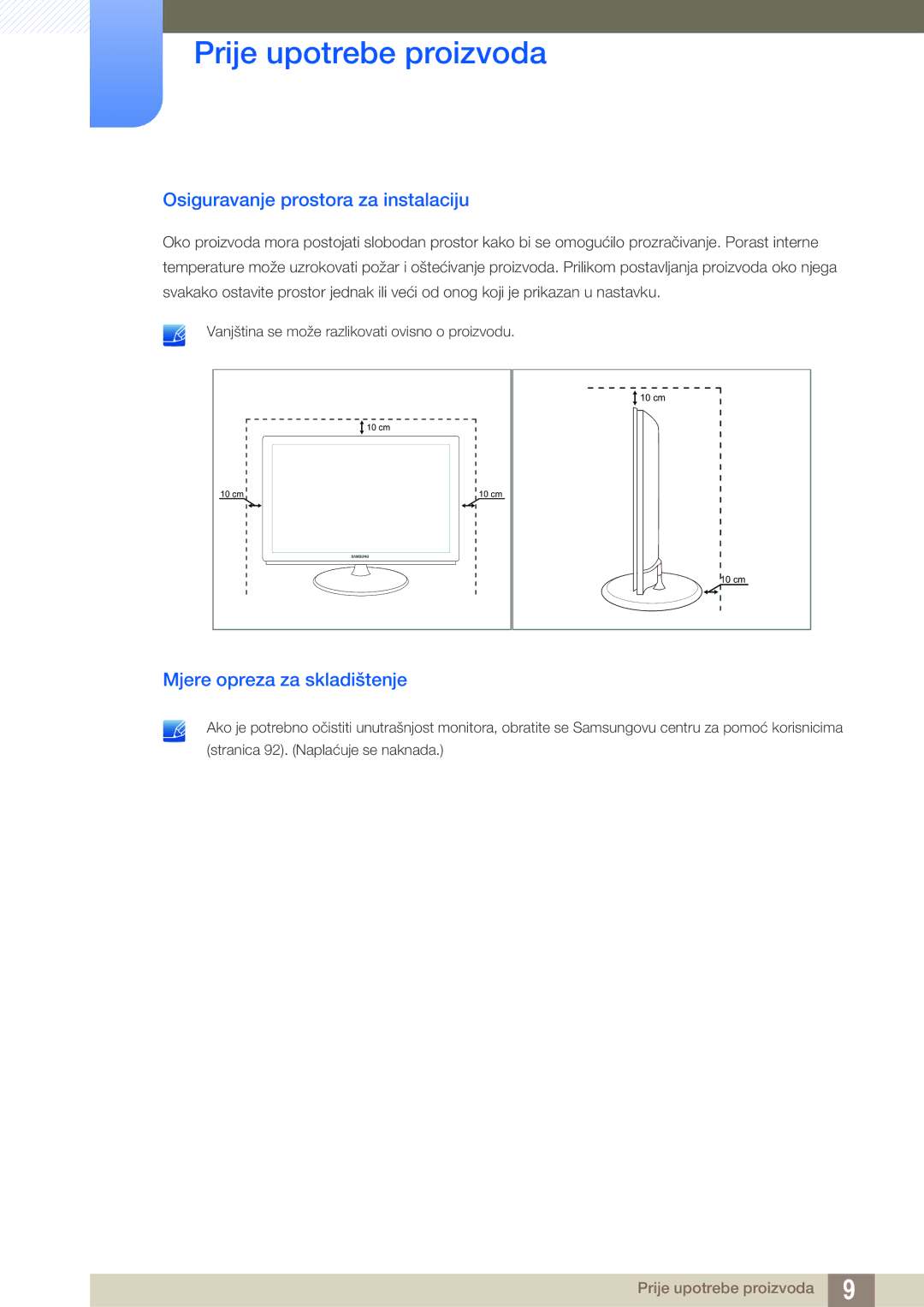 Samsung LS23B550VS/EN manual Osiguravanje prostora za instalaciju, Mjere opreza za skladištenje 