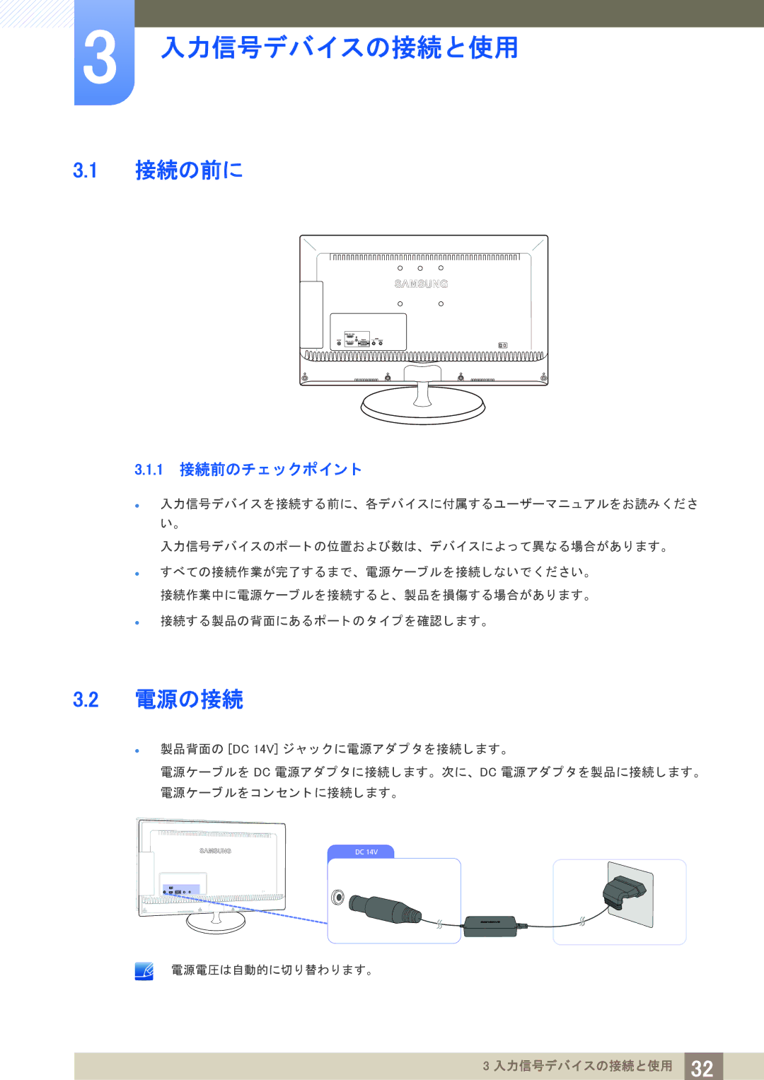 Samsung LS23B550VSH/XJ manual 入力信号デバイスの接続と使用, 接続の前に, 電源の接続, 1 接続前のチ ェ ッ クポイ ン ト 