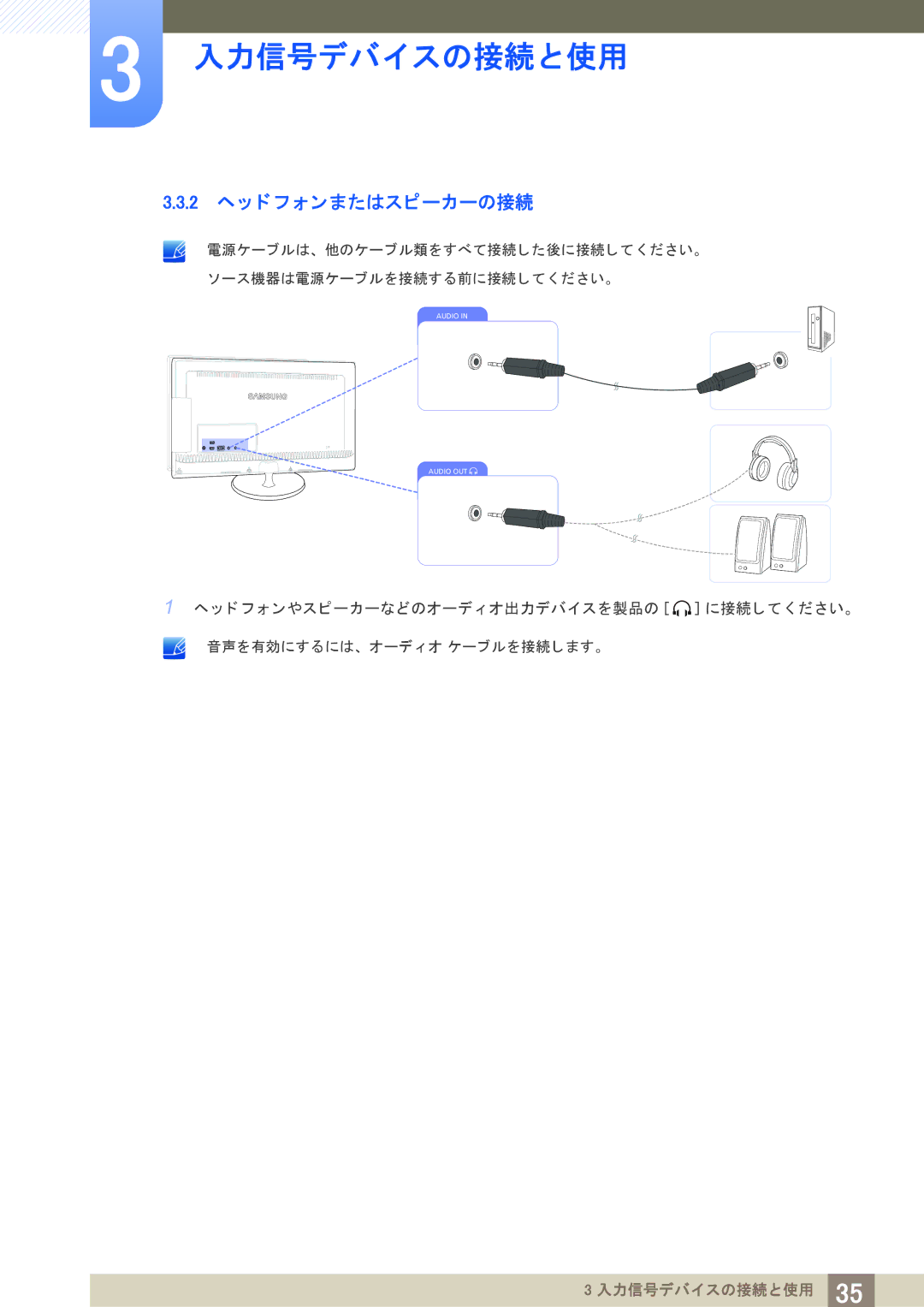 Samsung LS23B550VSH/XJ manual 2 ヘ ッ ド フ ォ ンまたはスピーカーの接続 