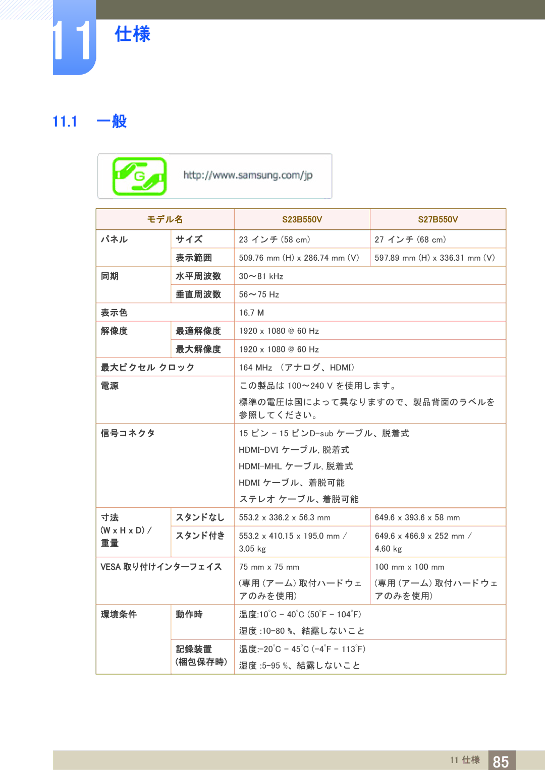 Samsung LS23B550VSH/XJ manual 11 仕様, 11.1 一般 