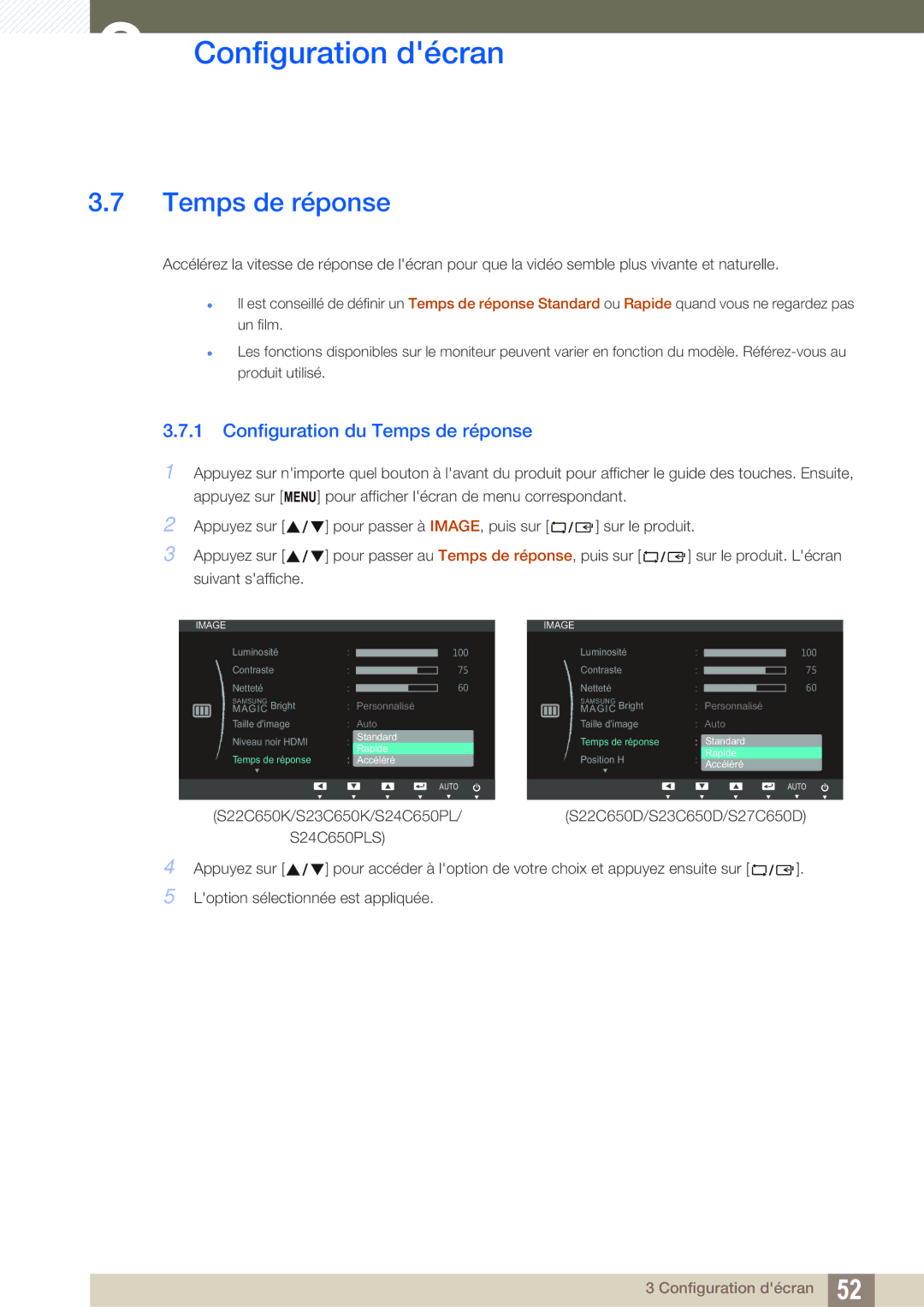 Samsung LS22C65UDC/EN, LS23C65KKS/EN, LS23C65KKC/EN, LS23C65UDC/EN, LS24C65UPL/EN manual Configuration du Temps de réponse 