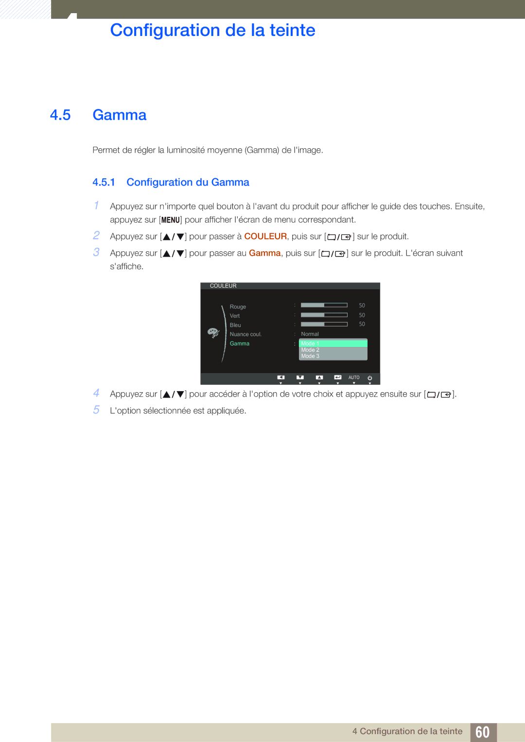 Samsung LS23C65KKS/EN, LS23C65KKC/EN, LS23C65UDC/EN, LS24C65UPL/EN, LS22C65UDC/EN, LS22C65KKS/EN Configuration du Gamma 