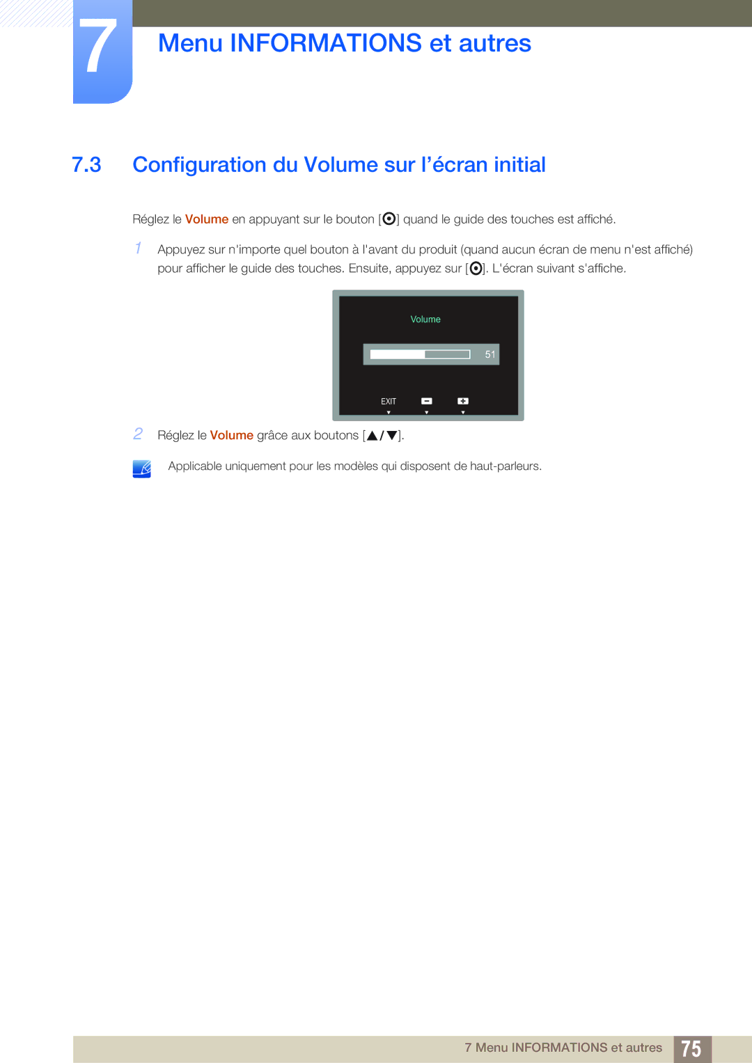 Samsung LS24C65UPL/EN, LS23C65KKS/EN, LS23C65KKC/EN, LS23C65UDC/EN, LS22C65UDC/EN Configuration du Volume sur l’écran initial 