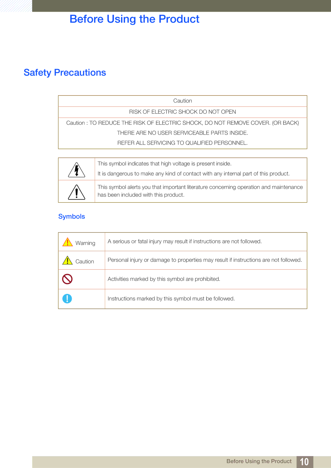 Samsung LS24C65UPC/EN, LS23C65KKS/EN, LS23C65KKC/EN, LS23C65UDC/EN, LS24C65UPL/EN, LS22C65UDC/EN Safety Precautions, Symbols 