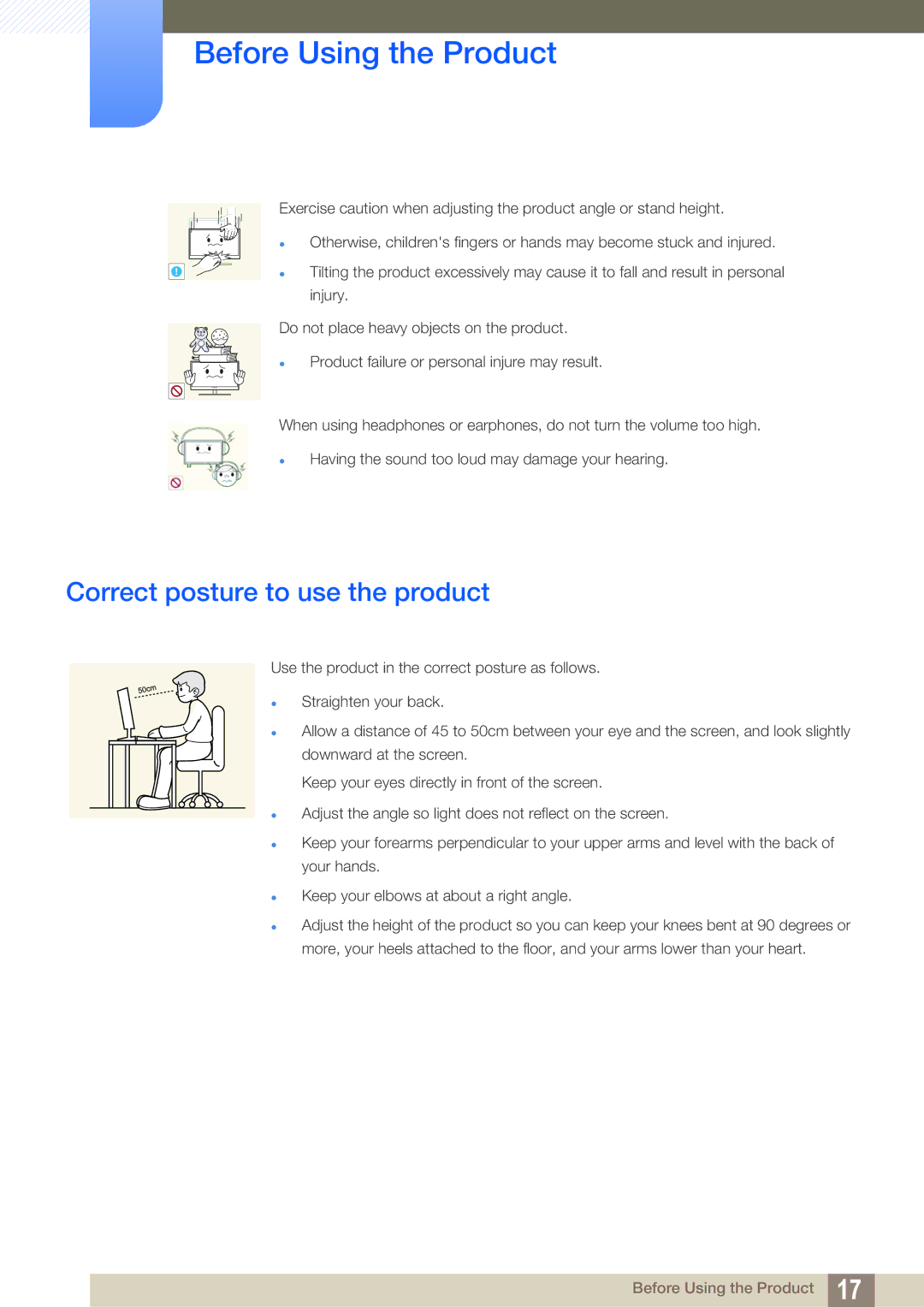 Samsung LS24C65UPCX/CI, LS23C65KKS/EN, LS23C65KKC/EN, LS23C65UDC/EN, LS24C65UPL/EN manual Correct posture to use the product 