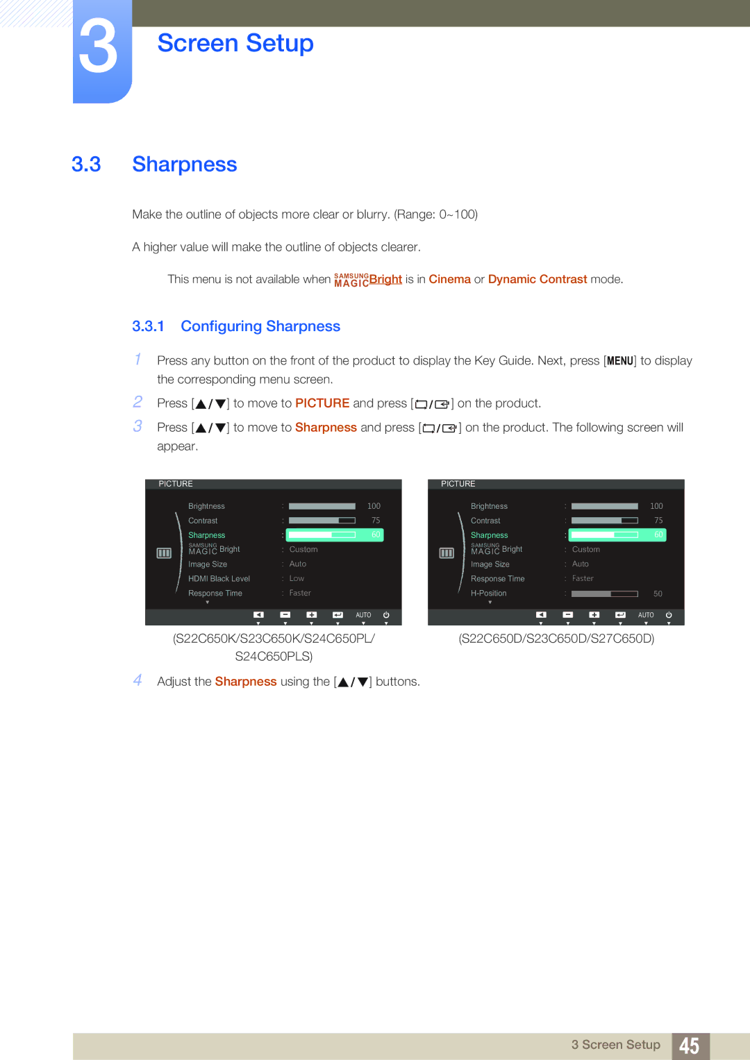 Samsung LS24C65UPC/CH, LS23C65KKS/EN, LS23C65KKC/EN, LS23C65UDC/EN, LS24C65UPL/EN, LS22C65UDC/EN Configuring Sharpness 