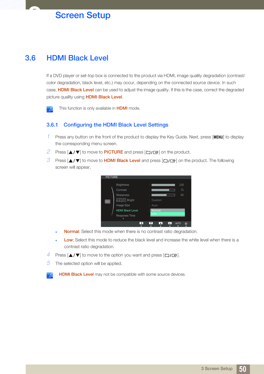 Samsung LS22C65UDC/EN, LS23C65KKS/EN, LS23C65KKC/EN, LS23C65UDC/EN manual Configuring the Hdmi Black Level Settings 