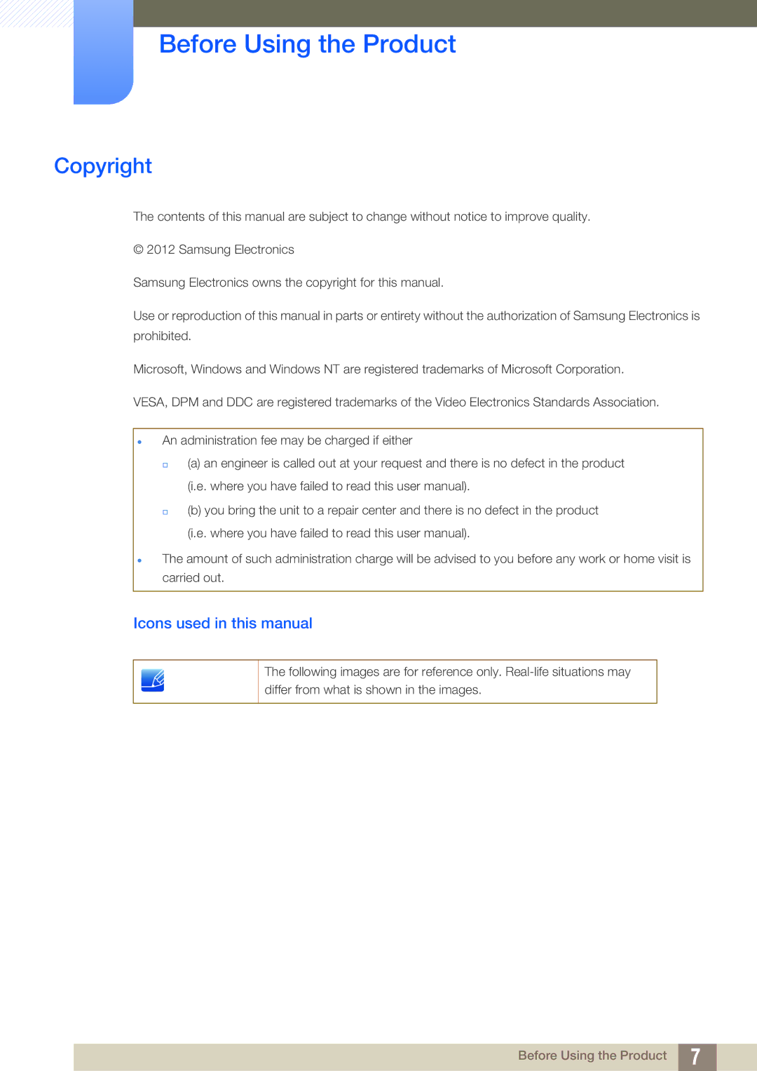 Samsung LS27C65UDS/EN, LS23C65KKS/EN, LS23C65KKC/EN Before Using the Product, Copyright, Icons used in this manual 