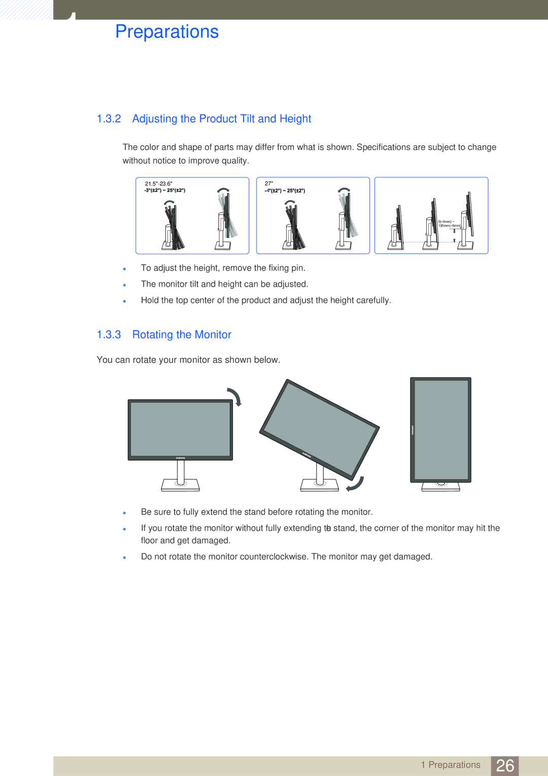 Samsung LS24C65UPL/EN, LS23C65KKS/EN, LS23C65KKC/EN manual Adjusting the Product Tilt and Height, Rotating the Monitor 