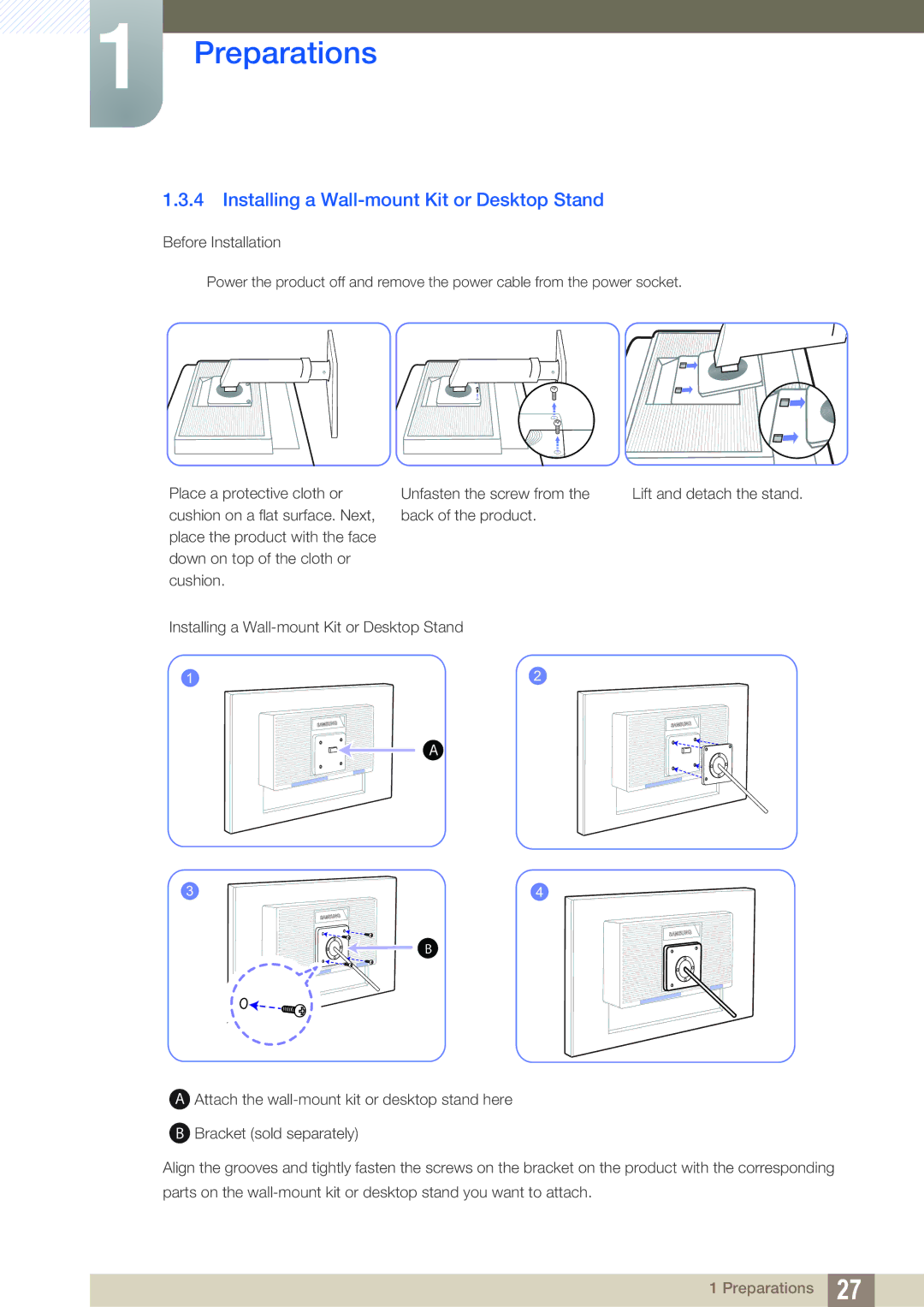 Samsung LS22C65UDC/EN, LS23C65KKS/EN, LS23C65KKC/EN, LS23C65UDC/EN manual Installing a Wall-mount Kit or Desktop Stand 