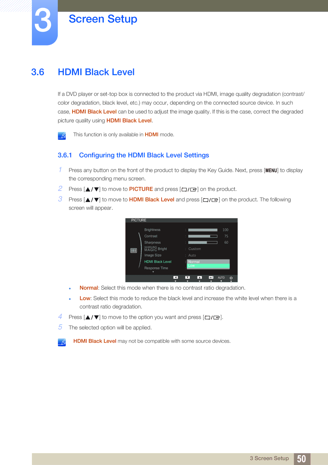 Samsung LS22C65UDC/EN, LS23C65KKS/EN, LS23C65KKC/EN, LS23C65UDC/EN manual Configuring the Hdmi Black Level Settings 