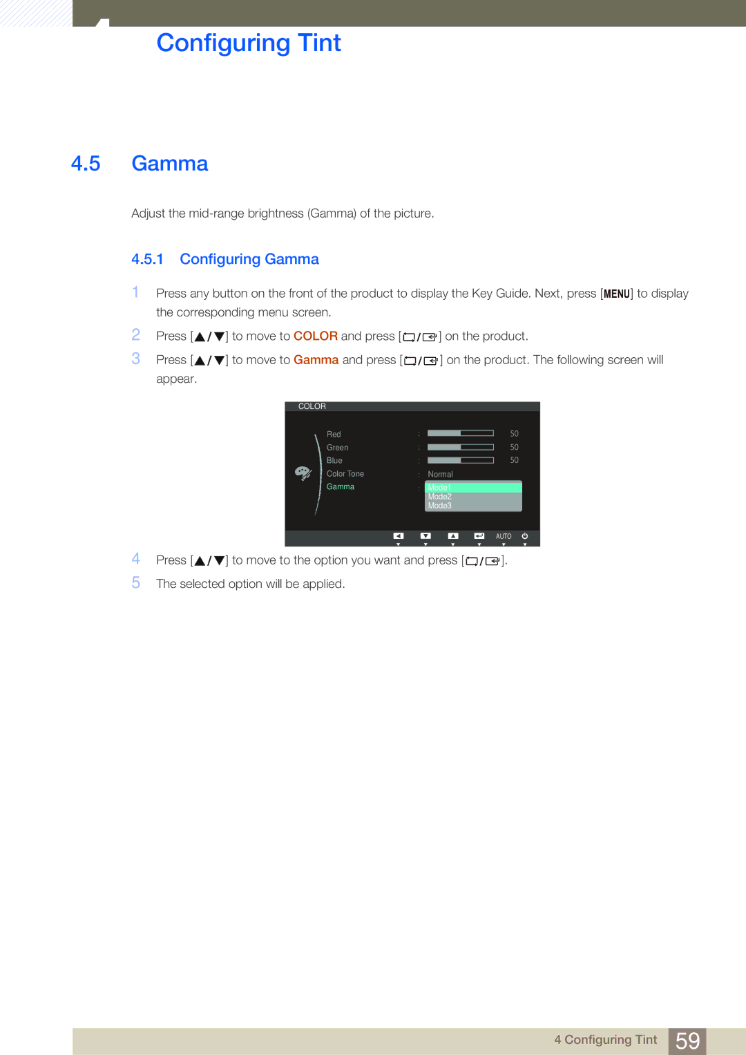 Samsung LS24C65KBWA/CI, LS23C65KKS/EN, LS23C65KKC/EN, LS23C65UDC/EN, LS24C65UPL/EN, LS22C65UDC/EN manual Configuring Gamma 